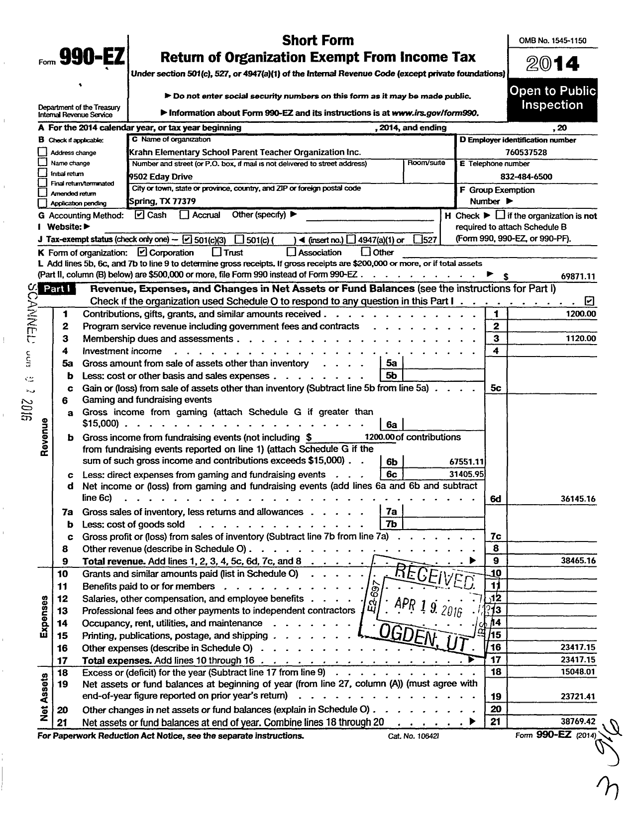 Image of first page of 2014 Form 990EZ for Krahn Elementary School Parent Teac her Organizatio