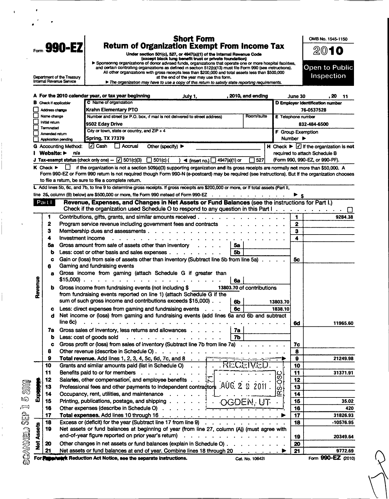 Image of first page of 2010 Form 990EZ for Krahn Elementary School Parent Teac her Organizatio