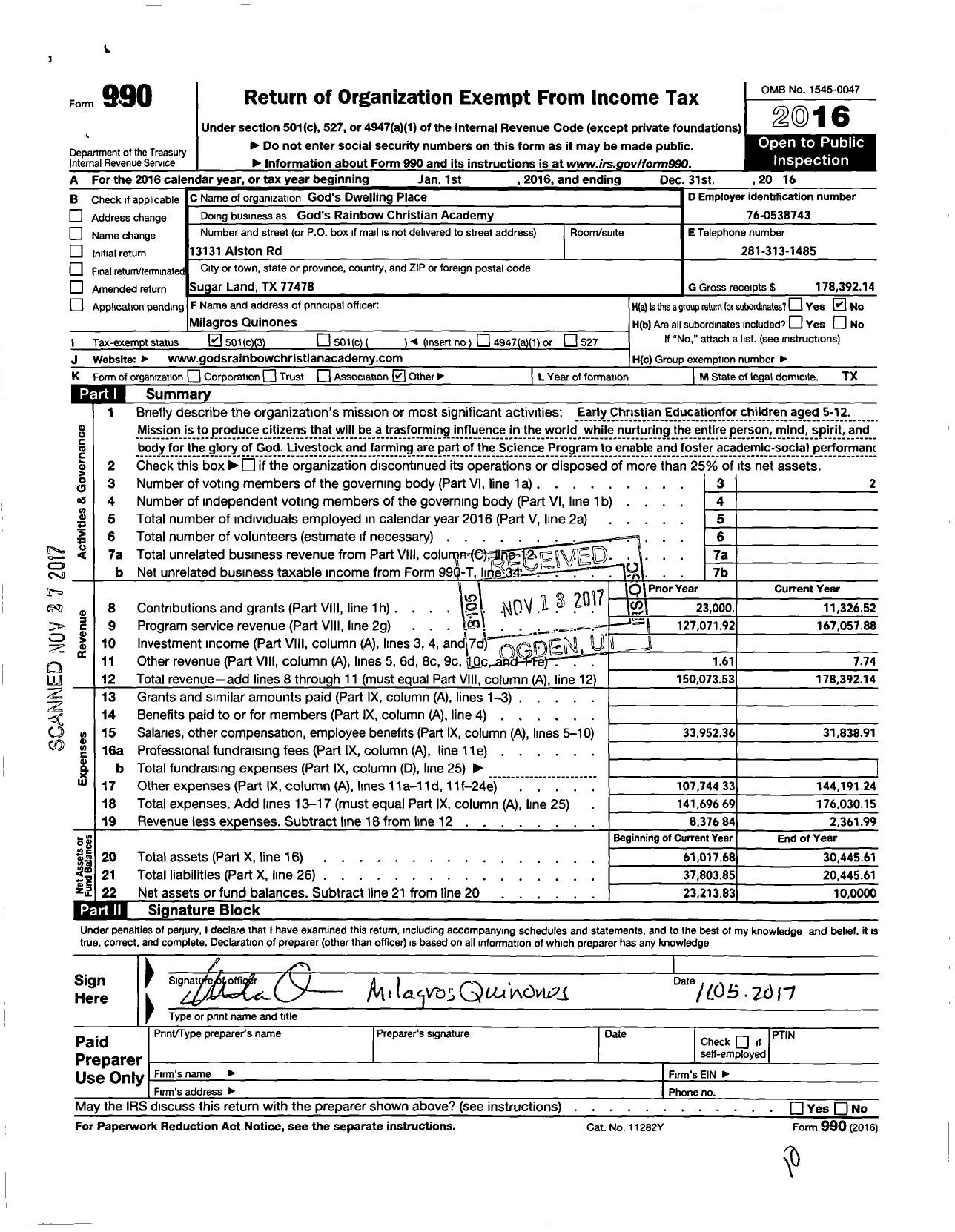 Image of first page of 2016 Form 990 for Gods Rainbow Christian Academy