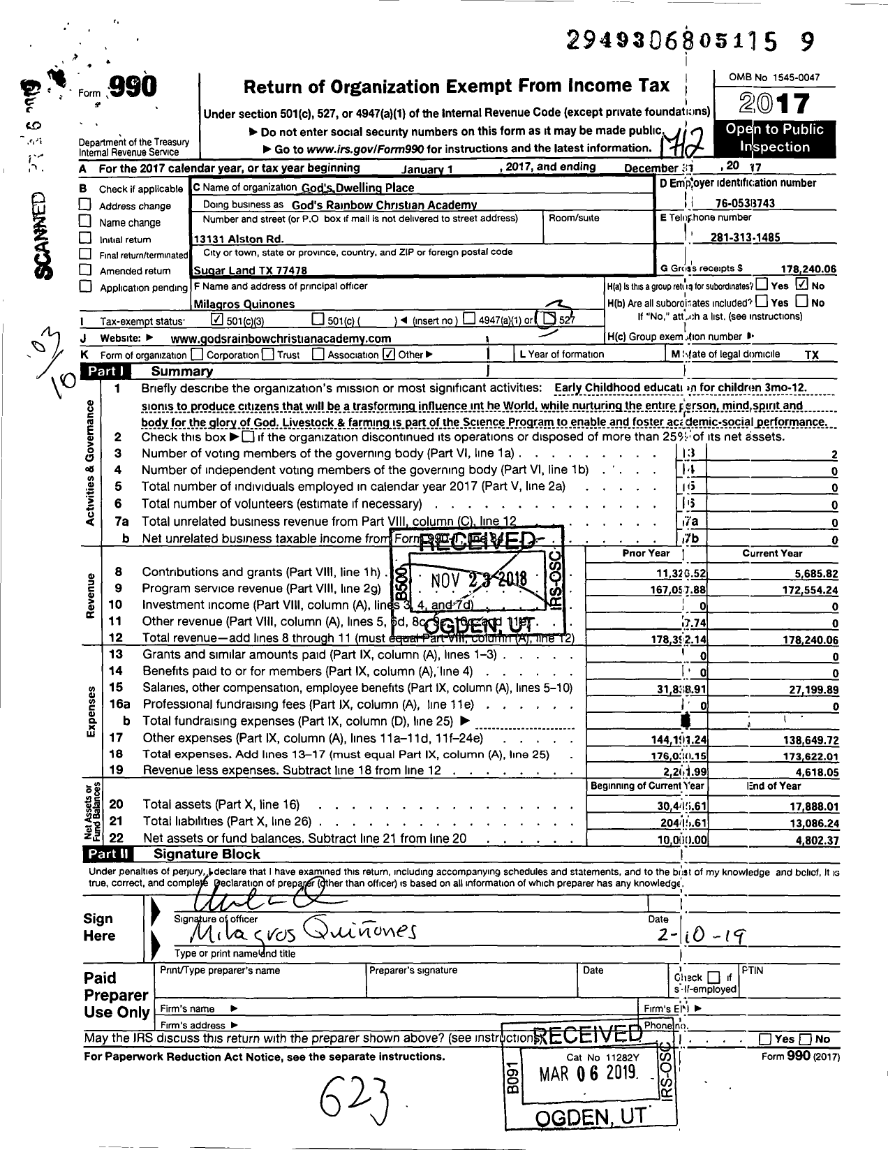 Image of first page of 2017 Form 990 for Gods Rainbow Christian Academy