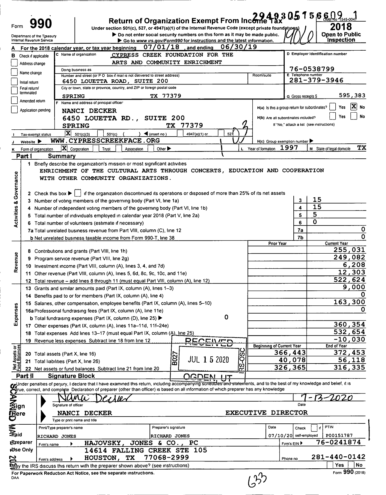 Image of first page of 2018 Form 990 for Cypress Creek Foundation for the Arts and Community Enrichment