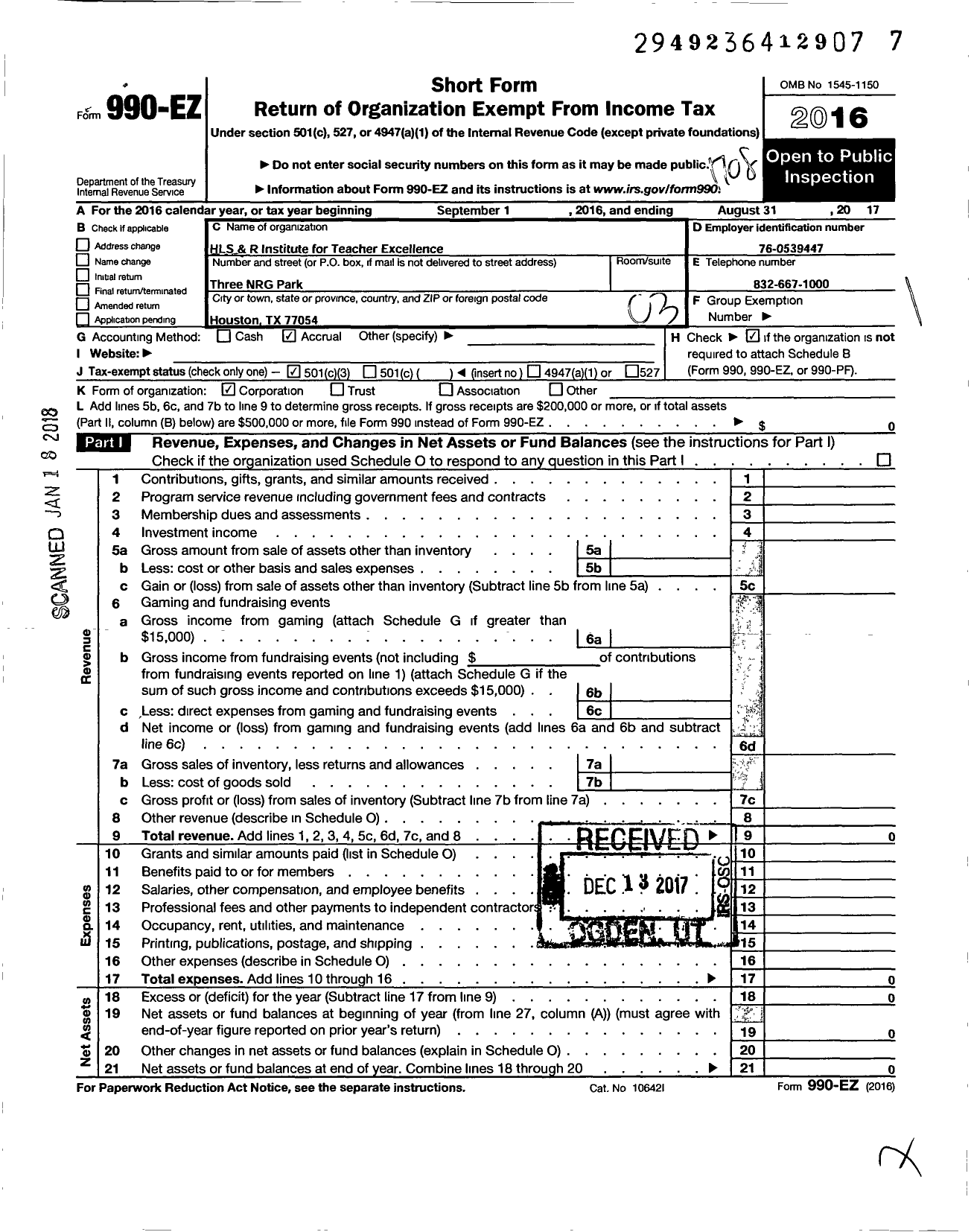 Image of first page of 2016 Form 990EZ for HLS and R Institute for Teacher Excellence