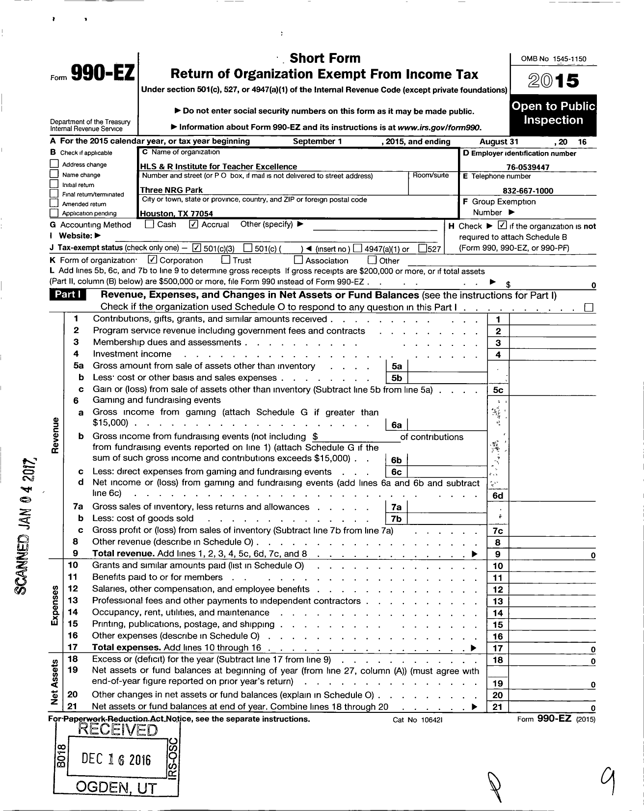 Image of first page of 2015 Form 990EZ for HLS and R Institute for Teacher Excellence