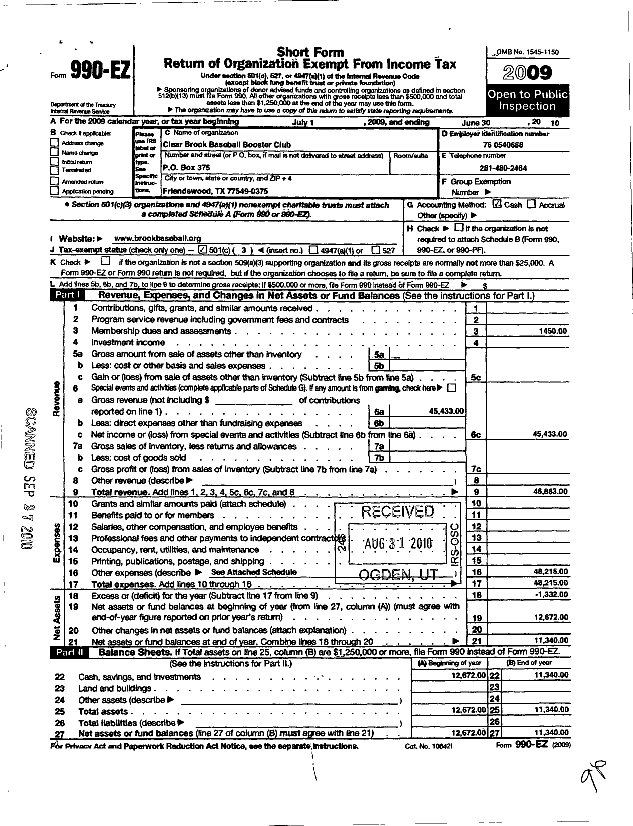 Image of first page of 2009 Form 990EZ for Clear Creek Isd Groups / Clear Brook HS Baseball BSTR Club