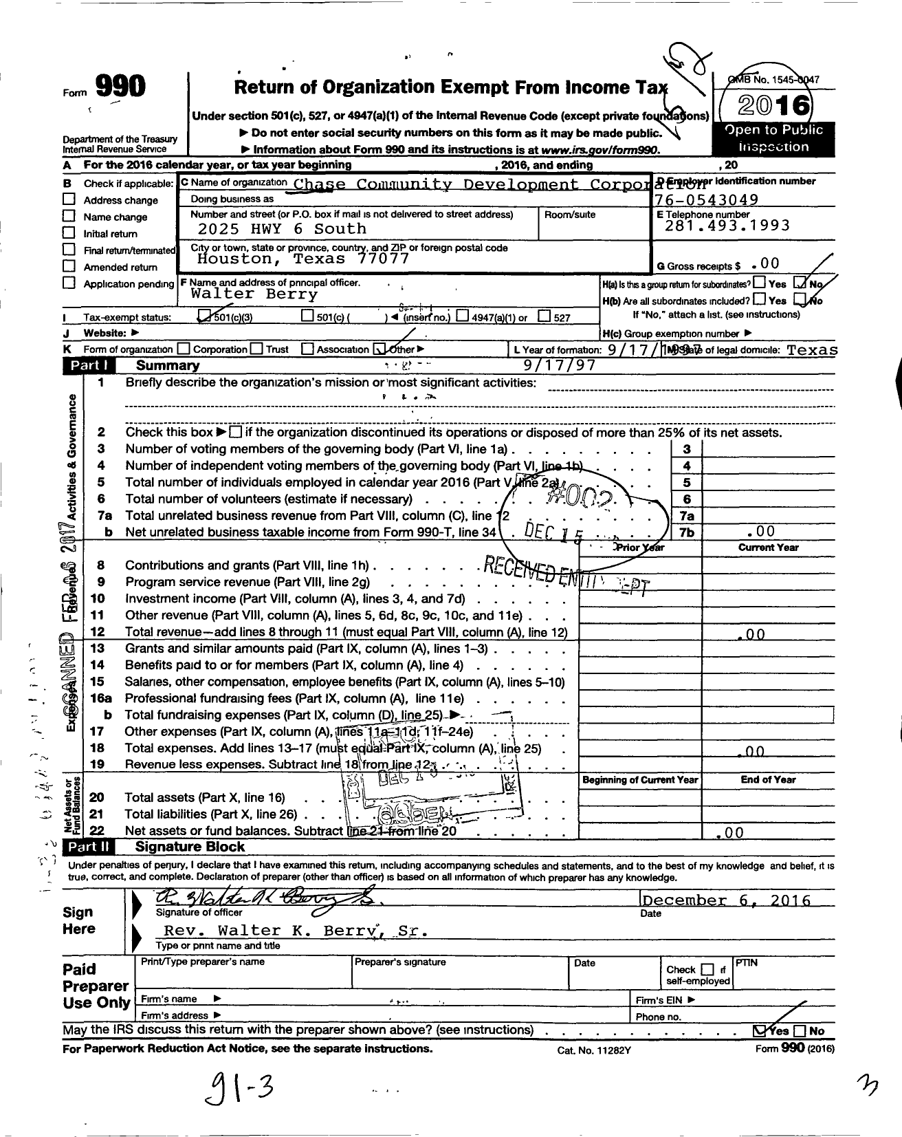 Image of first page of 2015 Form 990 for Chase Community Development Corporation