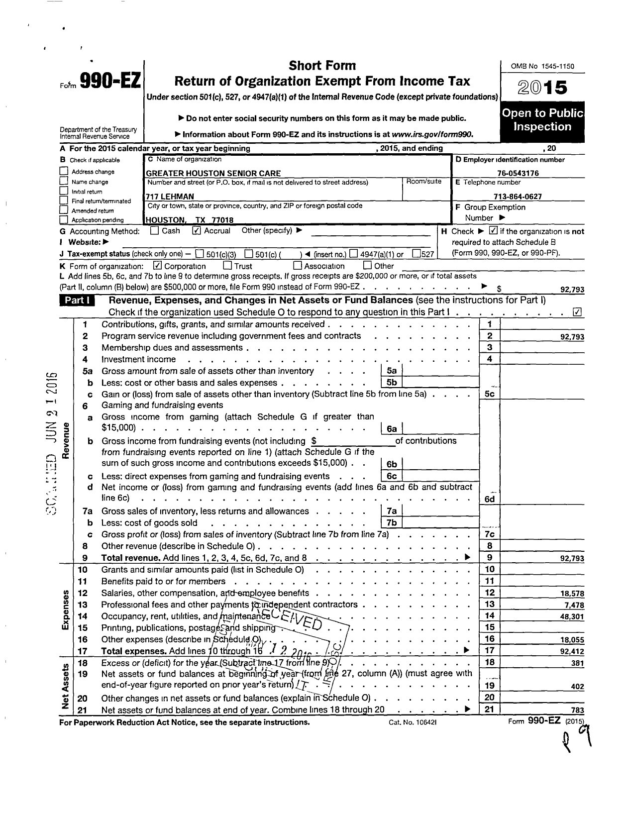 Image of first page of 2015 Form 990EO for Greater Houston Senior Care