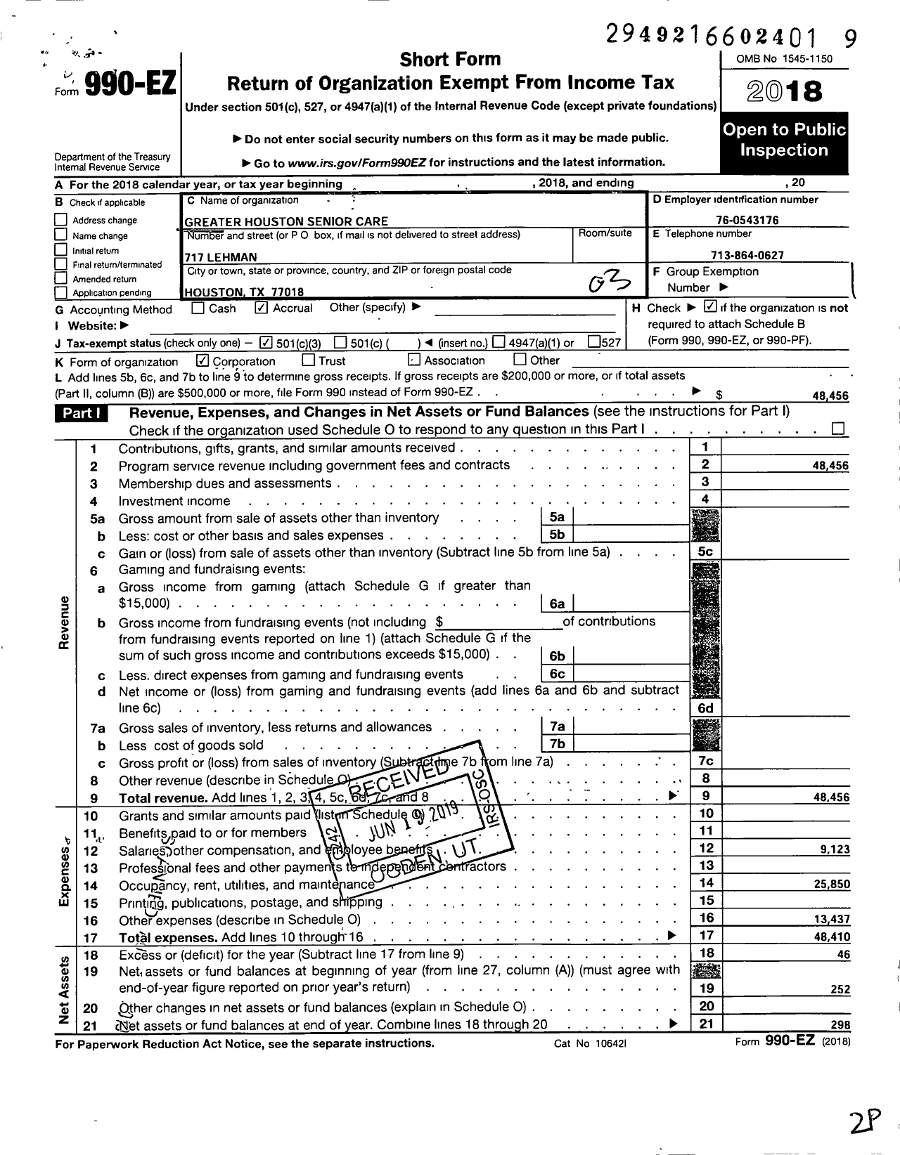 Image of first page of 2018 Form 990EZ for Greater Houston Senior Care