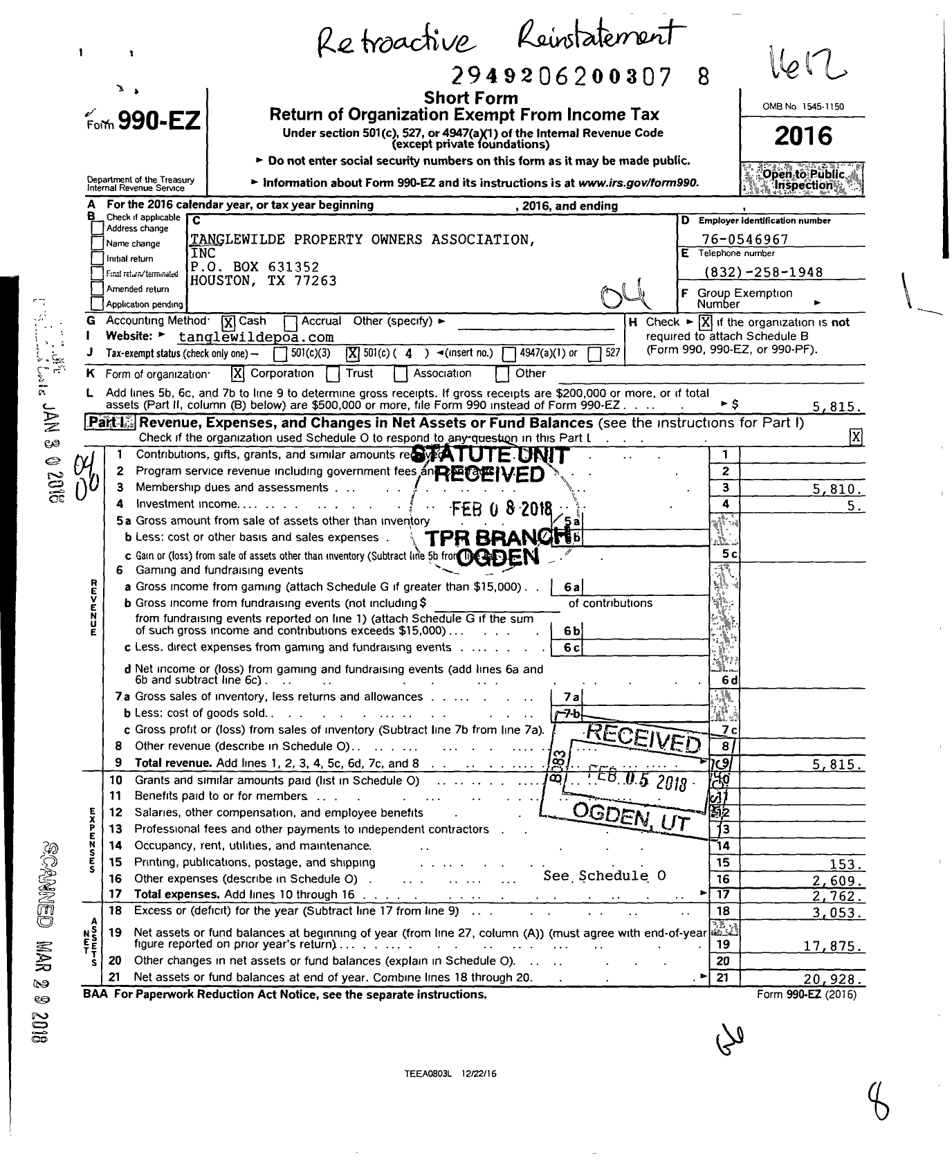 Image of first page of 2016 Form 990EO for Tanglewilde Property Owners Association