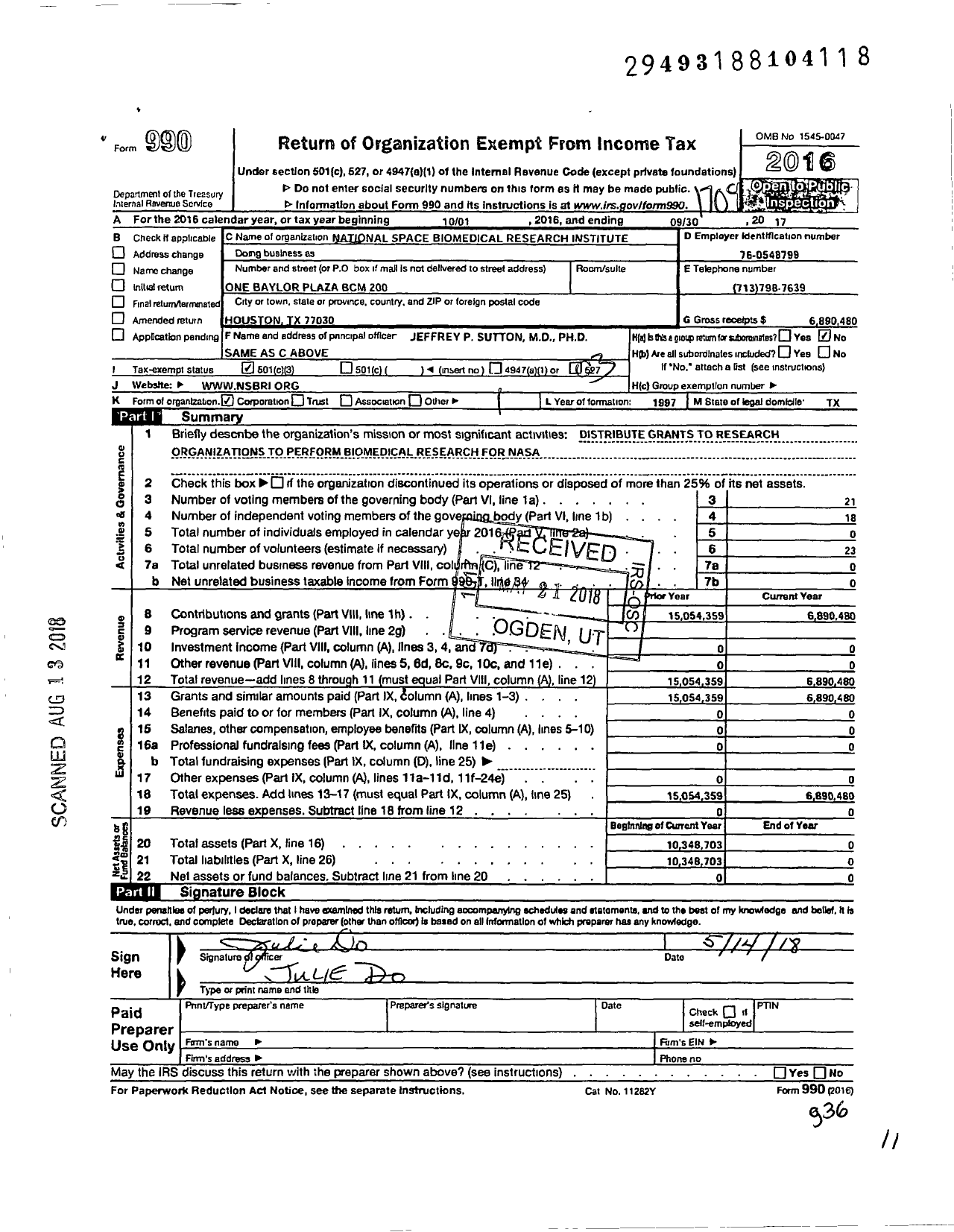 Image of first page of 2016 Form 990 for National Space Biomedical Research Institute