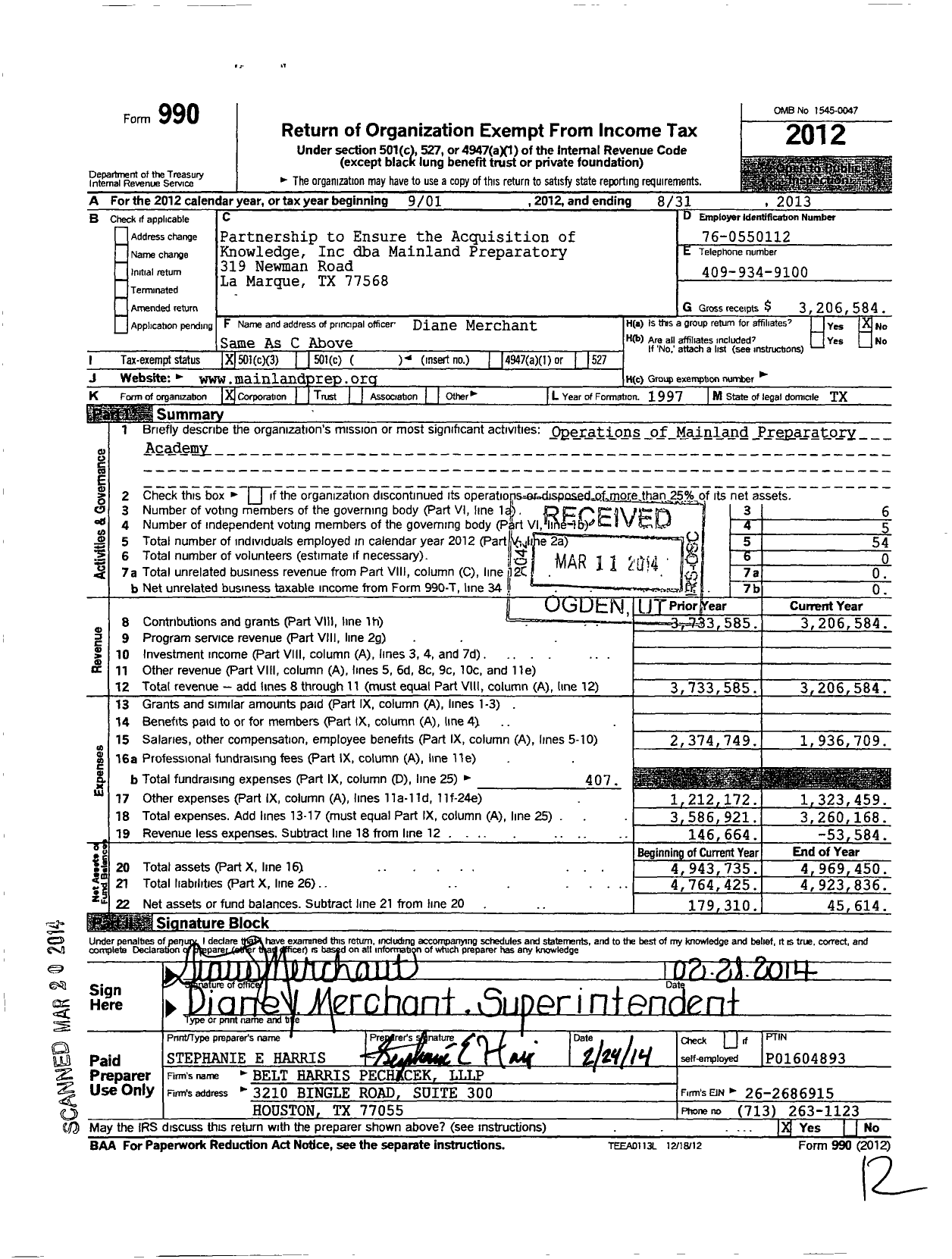 Image of first page of 2012 Form 990 for Partnership To Ensure the Acquisition of Knowledge