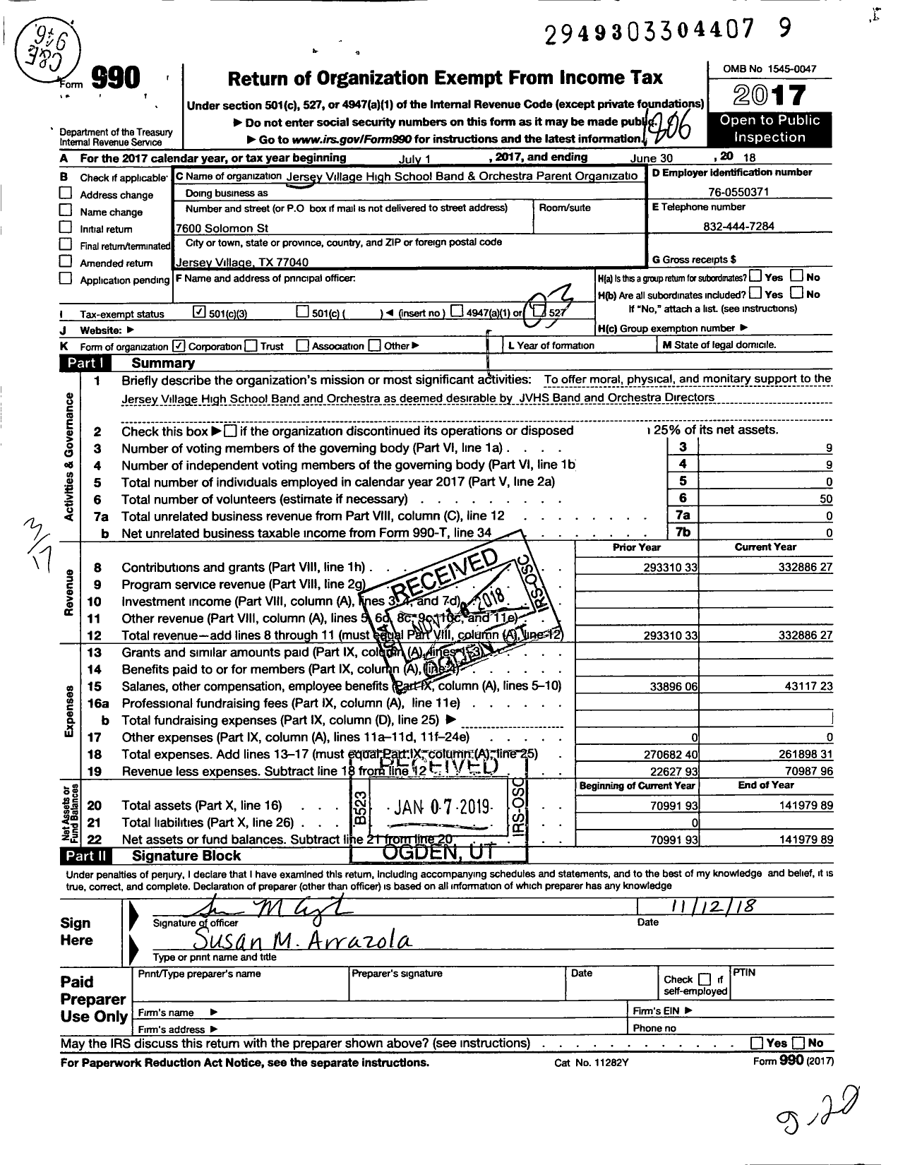 Image of first page of 2017 Form 990 for Jersey Village High School Band and Orchestra Parent Organization