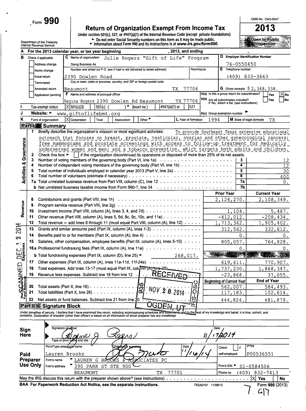 Image of first page of 2013 Form 990 for Julie Rogers Gift of Life Program