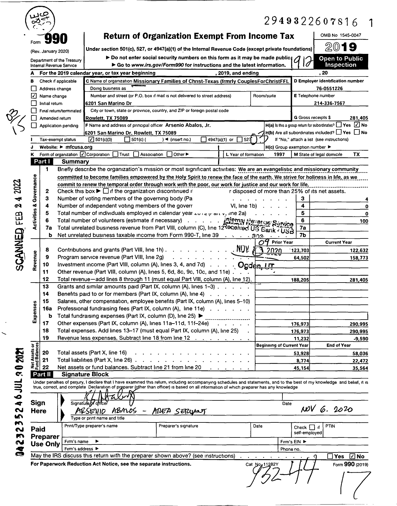 Image of first page of 2019 Form 990 for Missionary Families of Christ-Texas