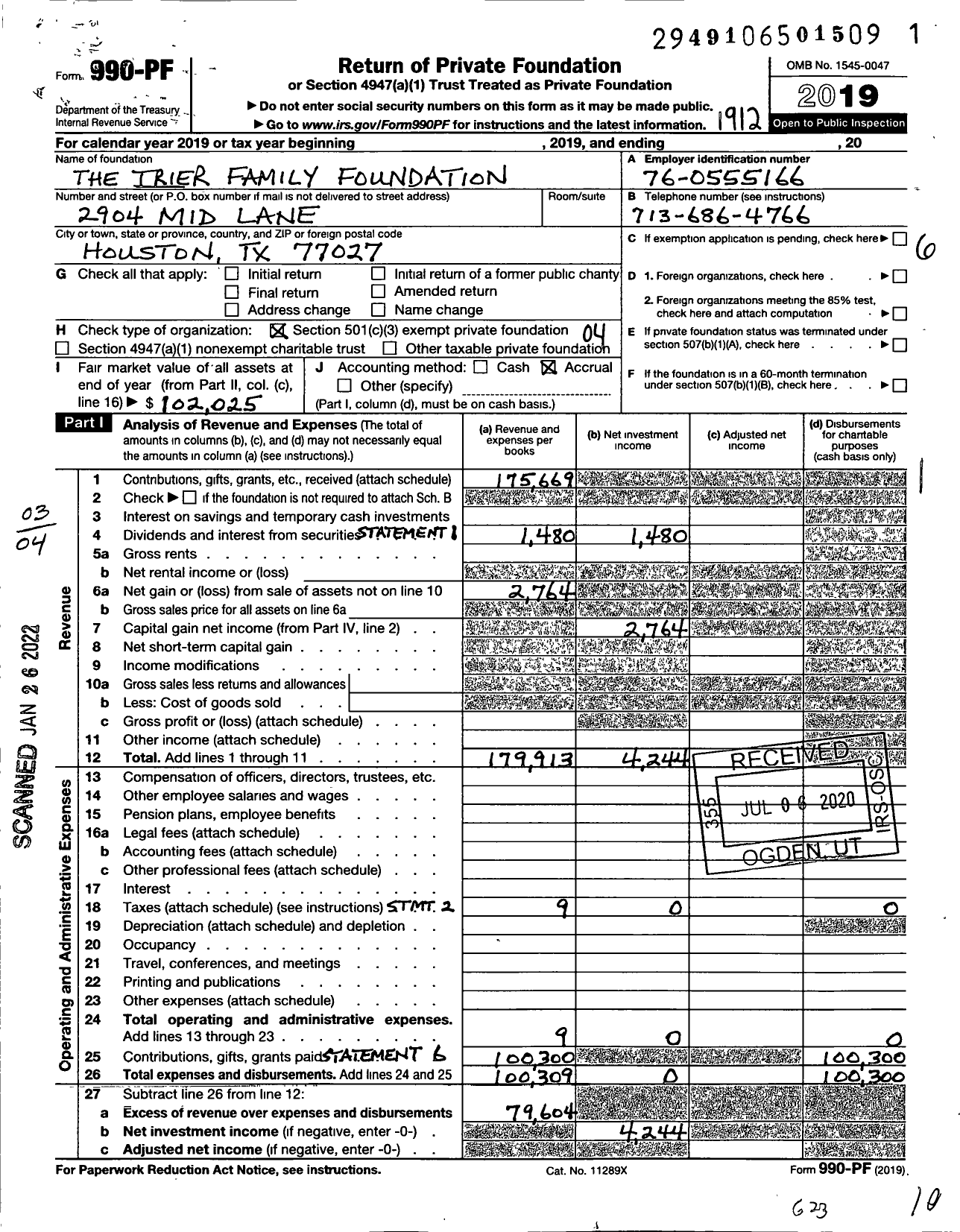 Image of first page of 2019 Form 990PF for The Trier Family Foundation