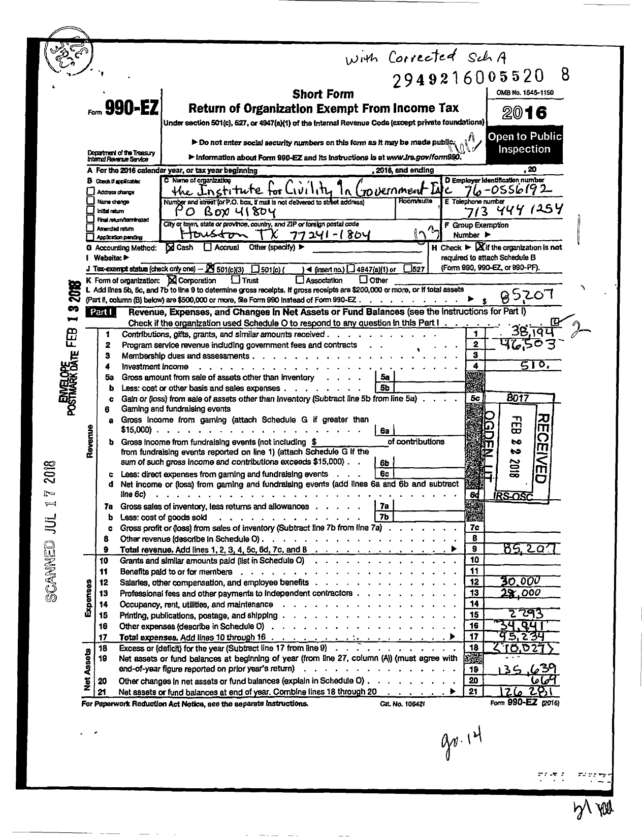 Image of first page of 2016 Form 990EZ for The Institute for Civility in Government