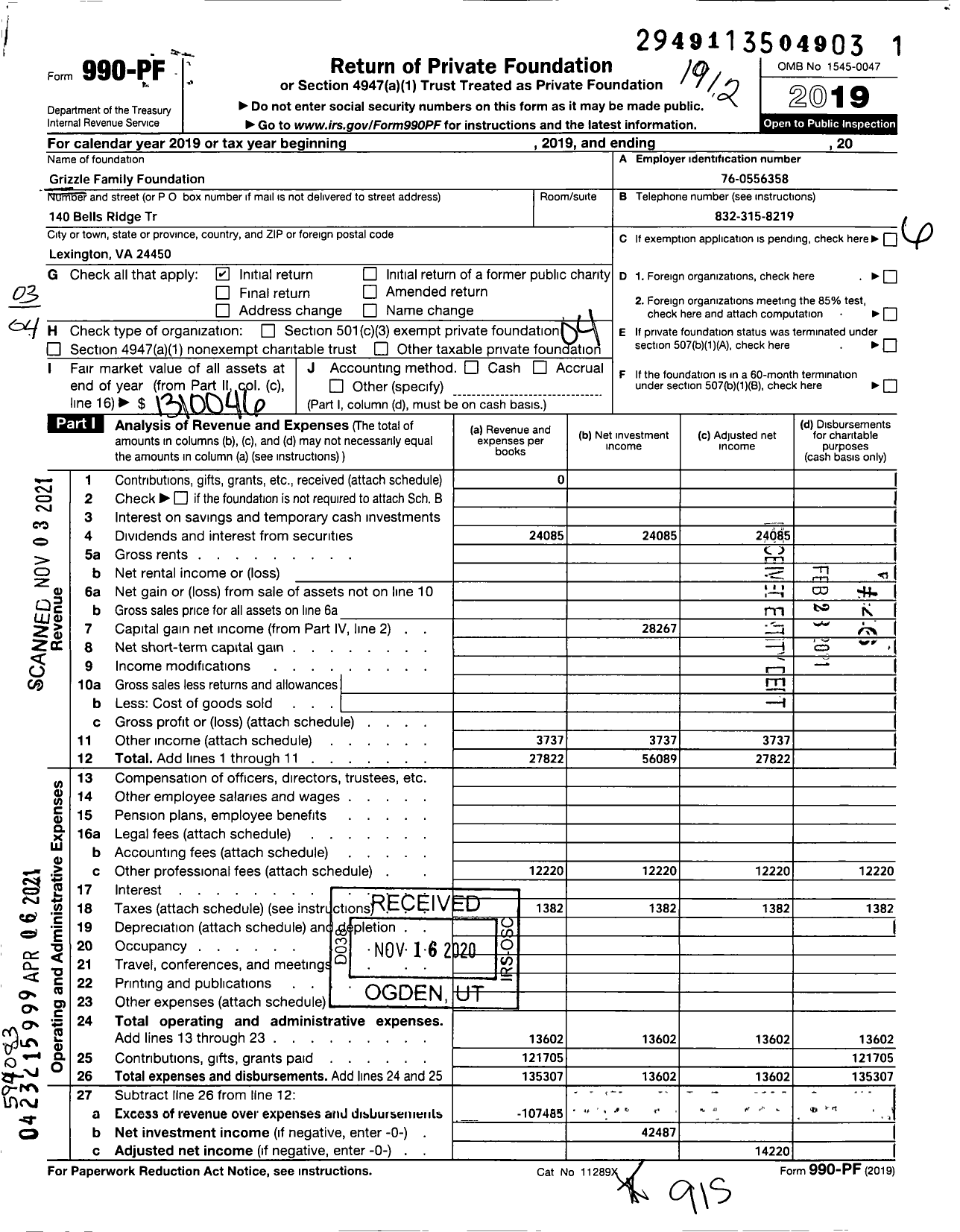 Image of first page of 2019 Form 990PF for Grizzle Family Foundation