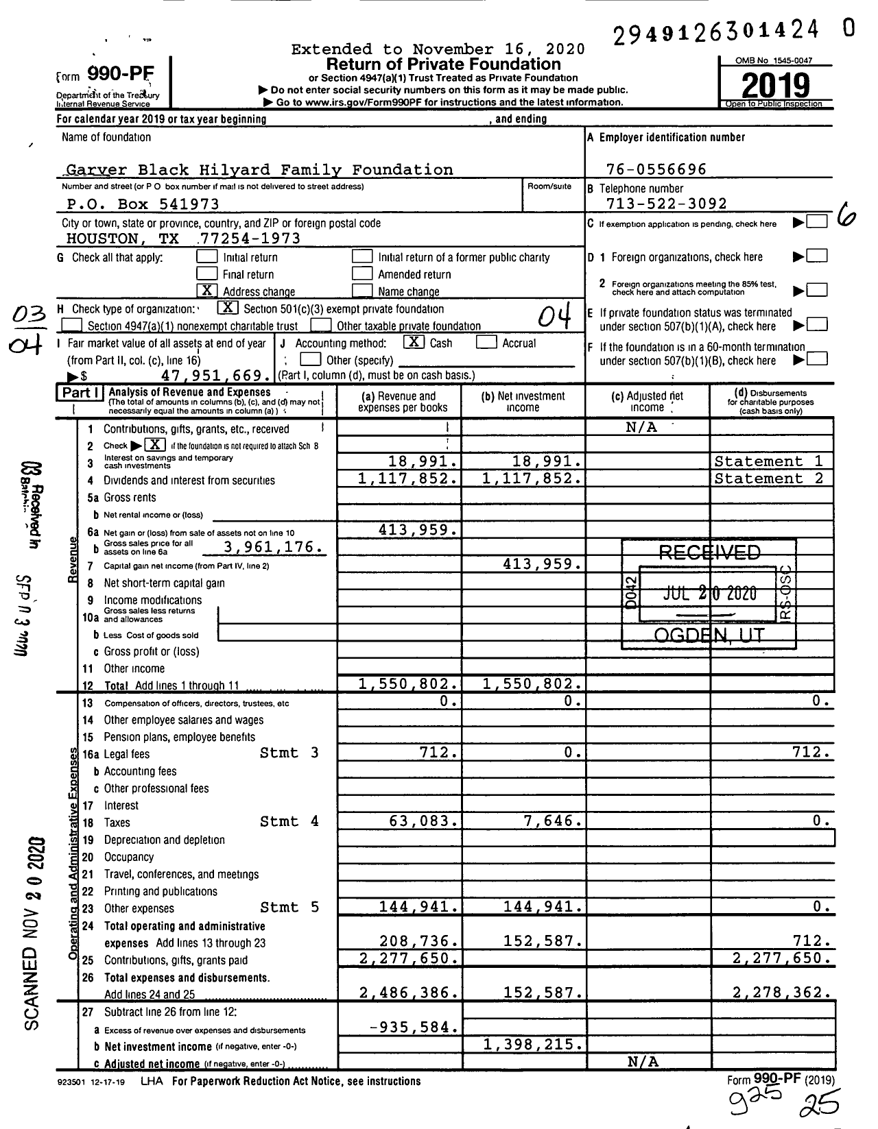 Image of first page of 2019 Form 990PF for Garver Black Hilyard Family Foundation