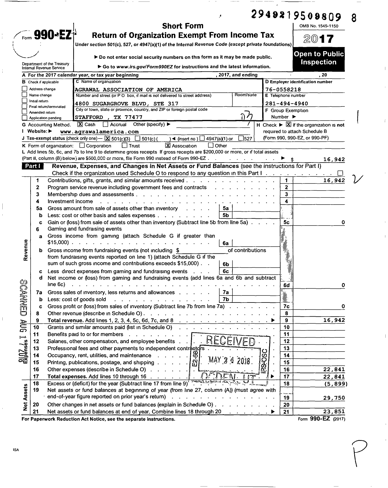 Image of first page of 2017 Form 990EZ for Agrawal Association of America