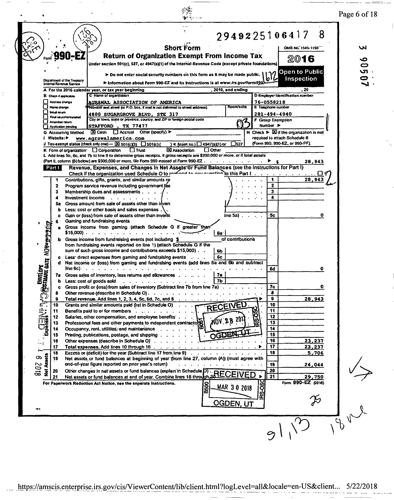 Image of first page of 2016 Form 990EZ for Agrawal Association of America