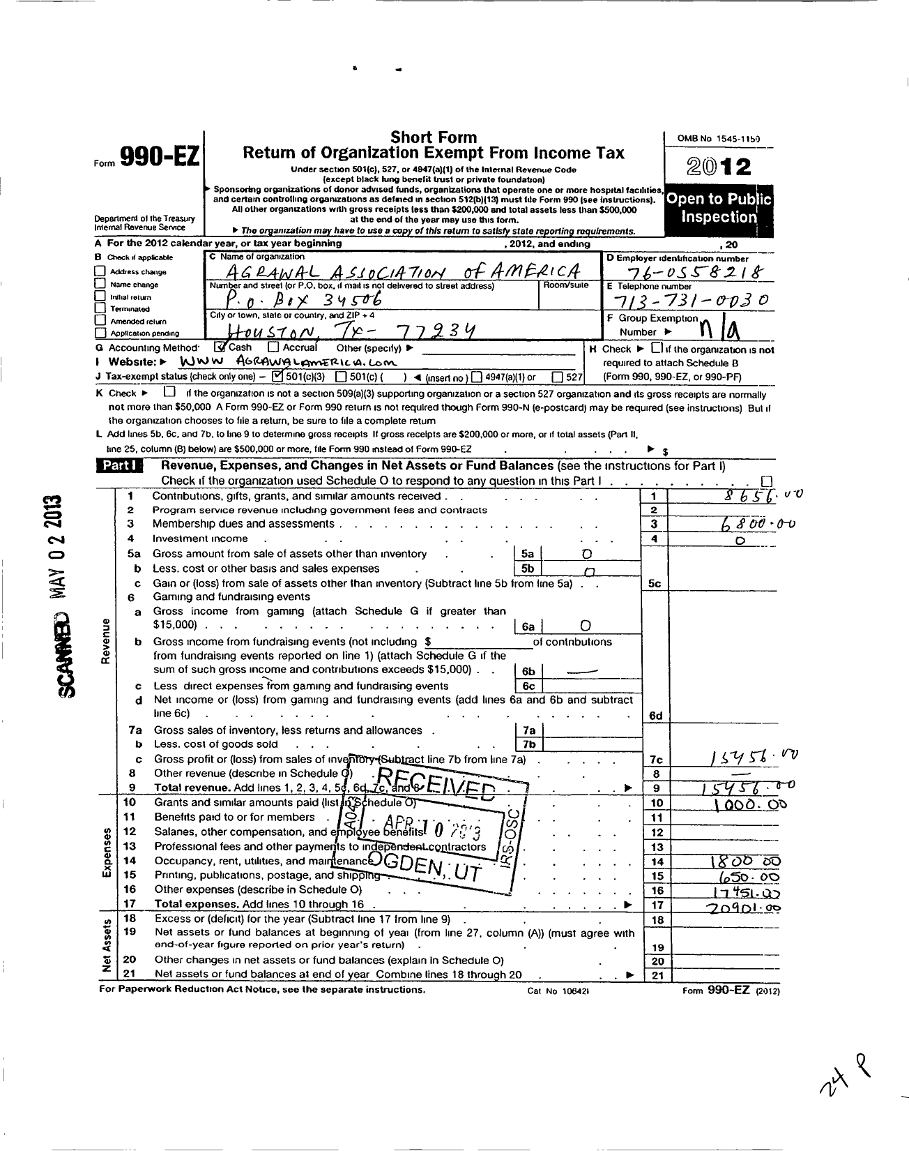 Image of first page of 2012 Form 990EZ for Agrawal Association of America