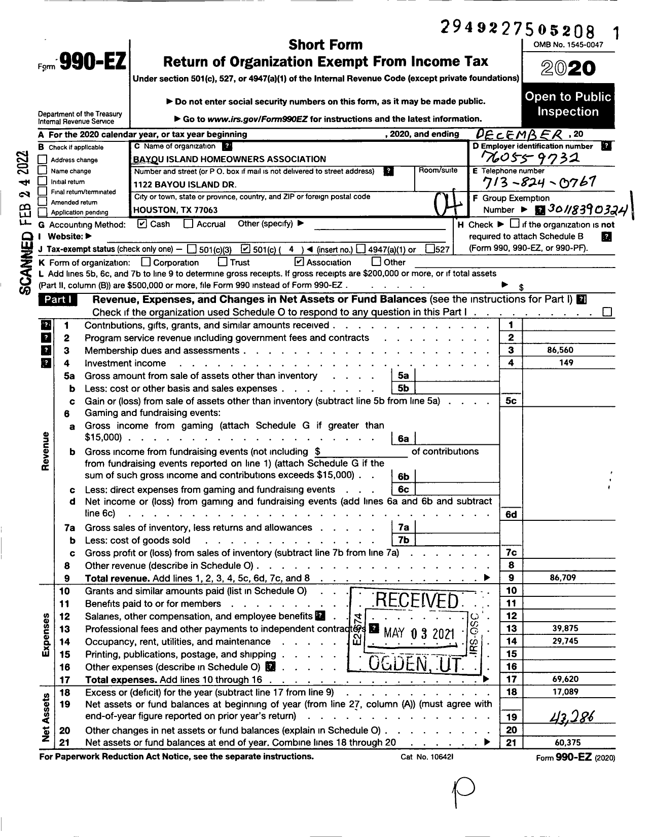 Image of first page of 2020 Form 990EO for Bayou Island Park Homeowners Association