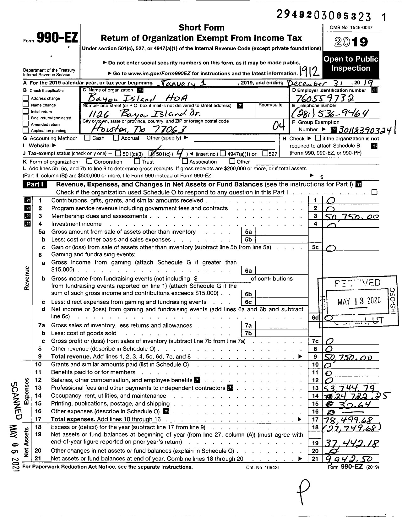 Image of first page of 2019 Form 990EO for Bayou Island Park Homeowners Association