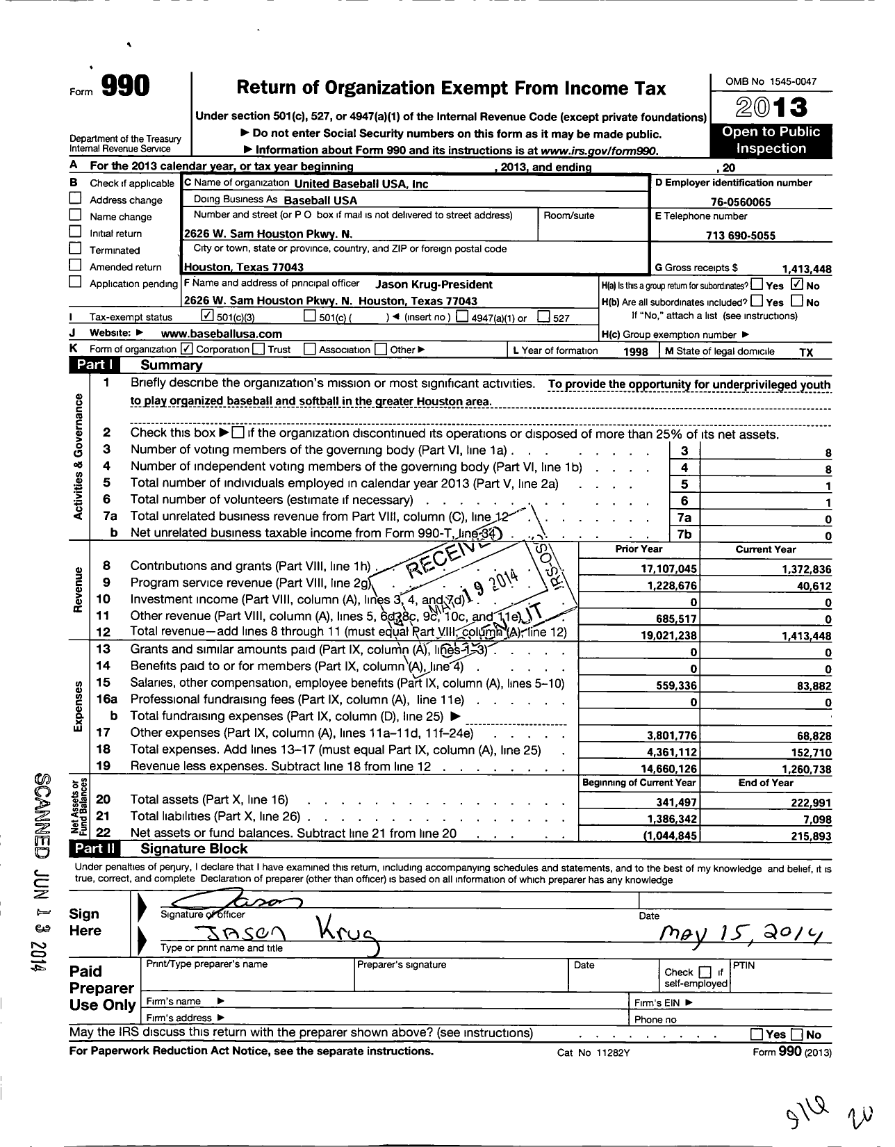 Image of first page of 2013 Form 990 for United Baseball USA