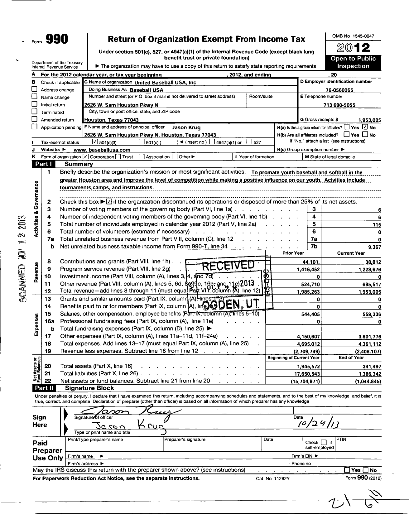 Image of first page of 2012 Form 990 for United Baseball USA