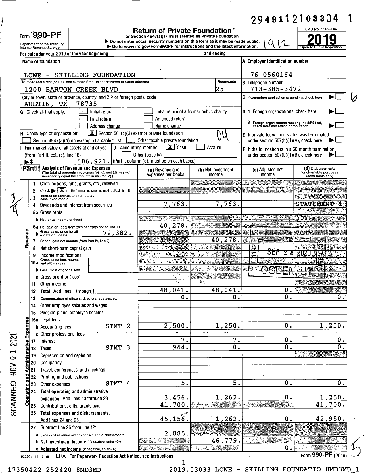 Image of first page of 2019 Form 990PF for Lowe - Skilling Foundation