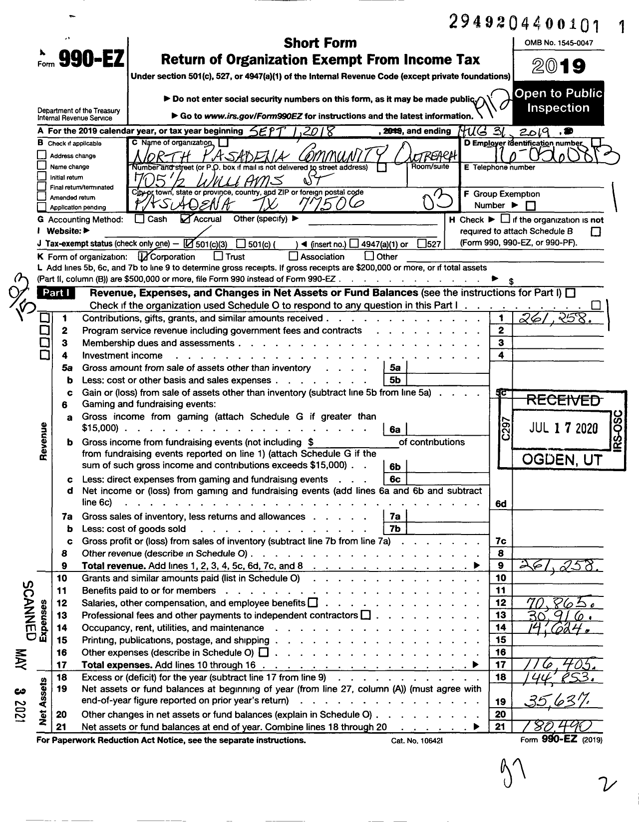 Image of first page of 2019 Form 990EZ for North Pasadena Community Outreach