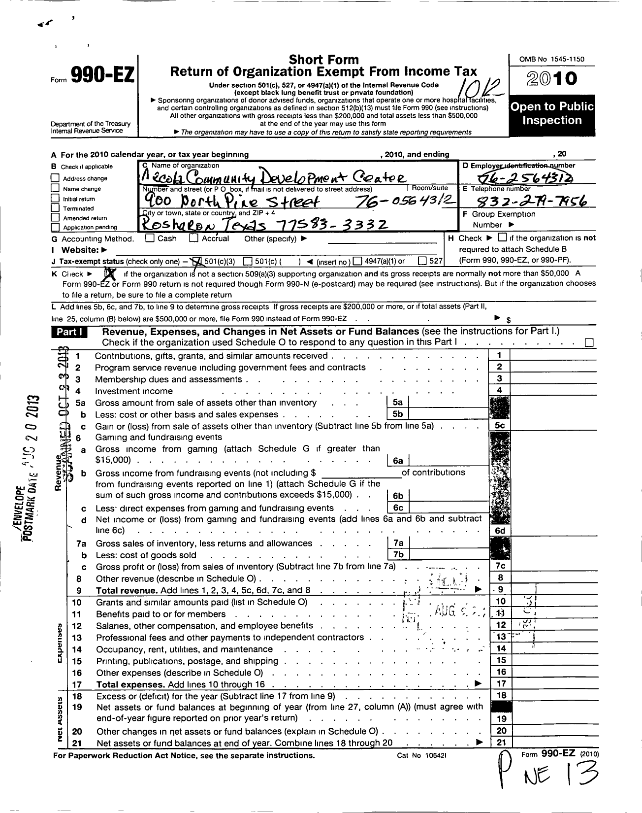 Image of first page of 2010 Form 990EZ for Arcola Community Development Center Corporation