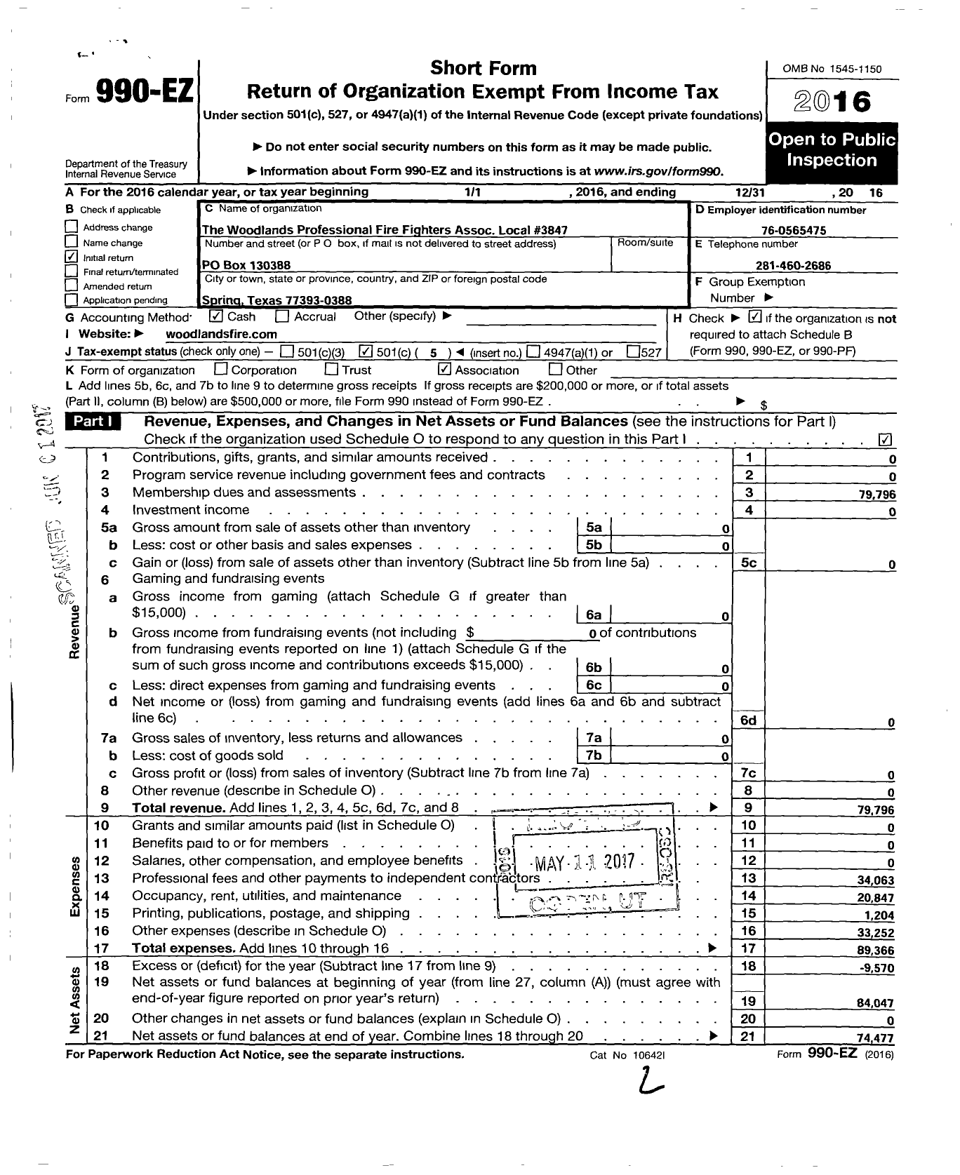 Image of first page of 2016 Form 990EO for International Association of Fire Fighters - 3846 L Woodlands Prof Fire Fighters