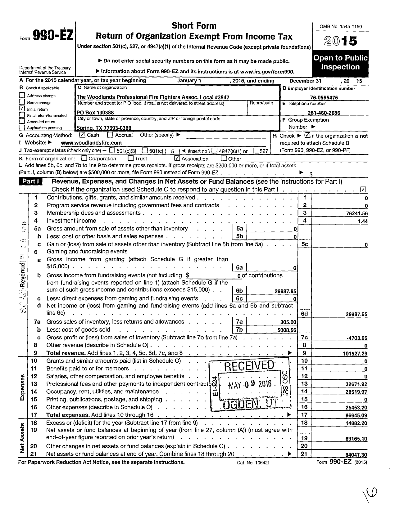 Image of first page of 2015 Form 990EO for International Association of Fire Fighters - 3846 L Woodlands Prof Fire Fighters