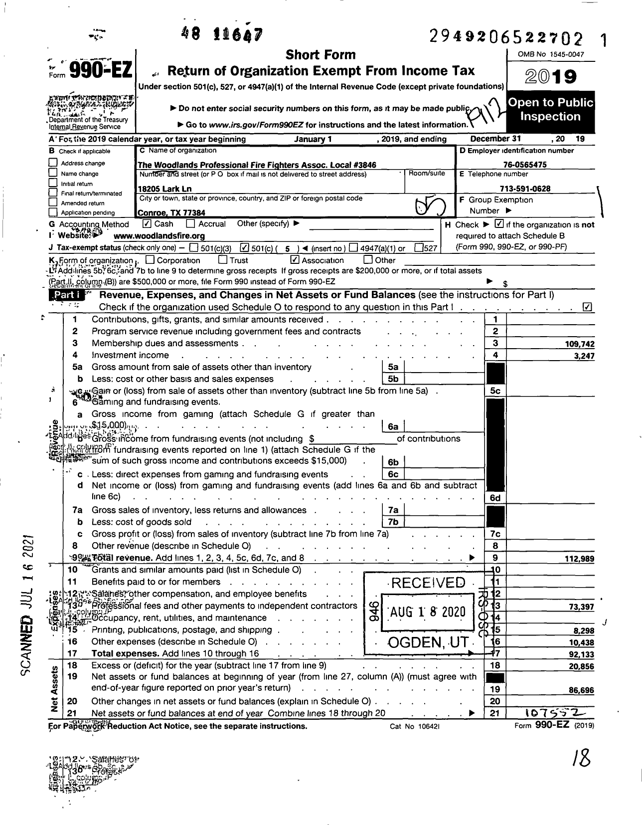 Image of first page of 2019 Form 990EO for International Association of Fire Fighters - 3846 L Woodlands Prof Fire Fighters