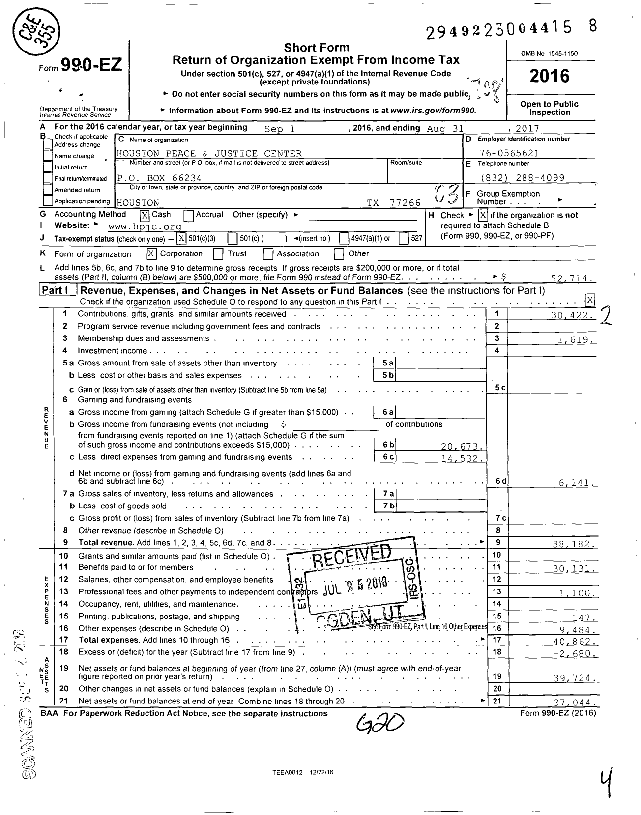 Image of first page of 2016 Form 990EZ for Houston Peace and Justice Center