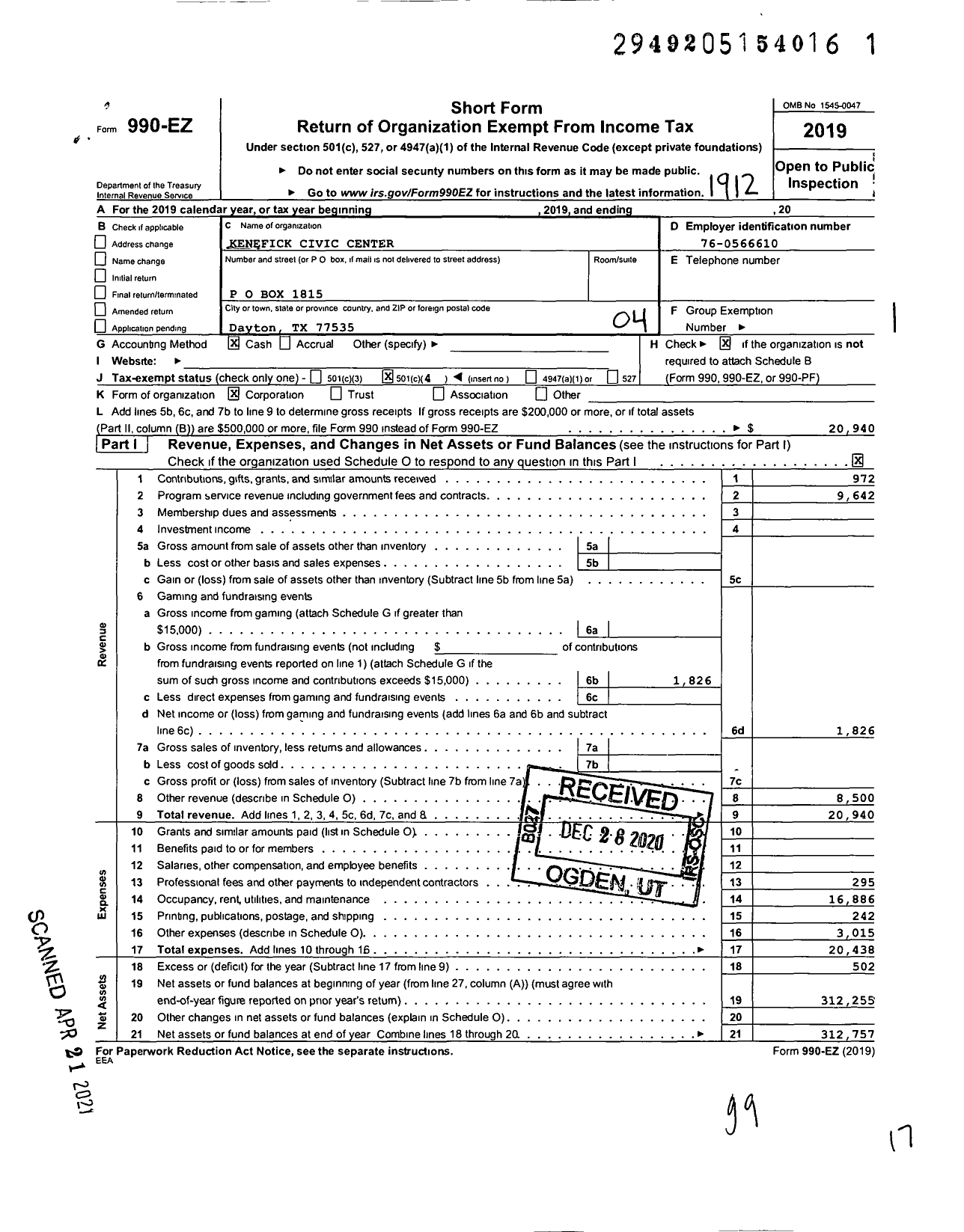 Image of first page of 2019 Form 990EO for Kenefick Civic Center
