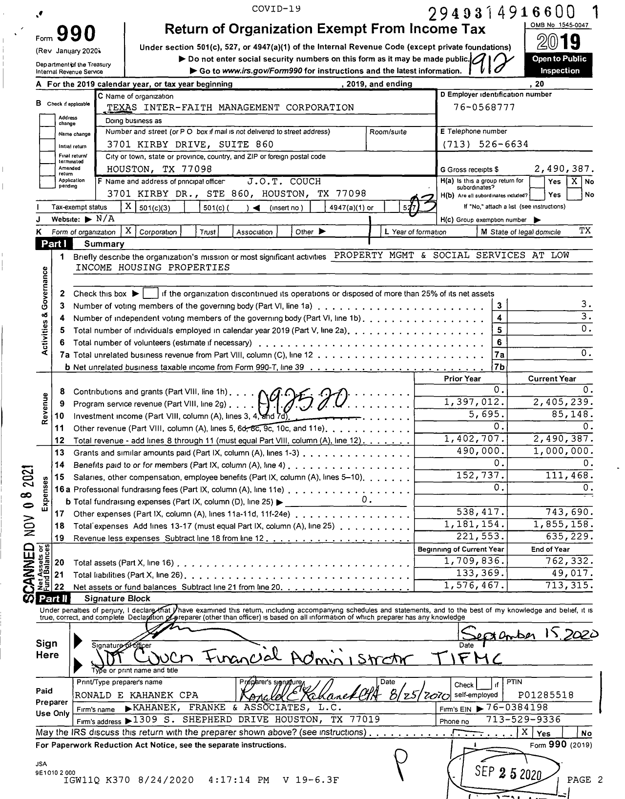 Image of first page of 2019 Form 990 for Texas Inter Faith Management Corporation