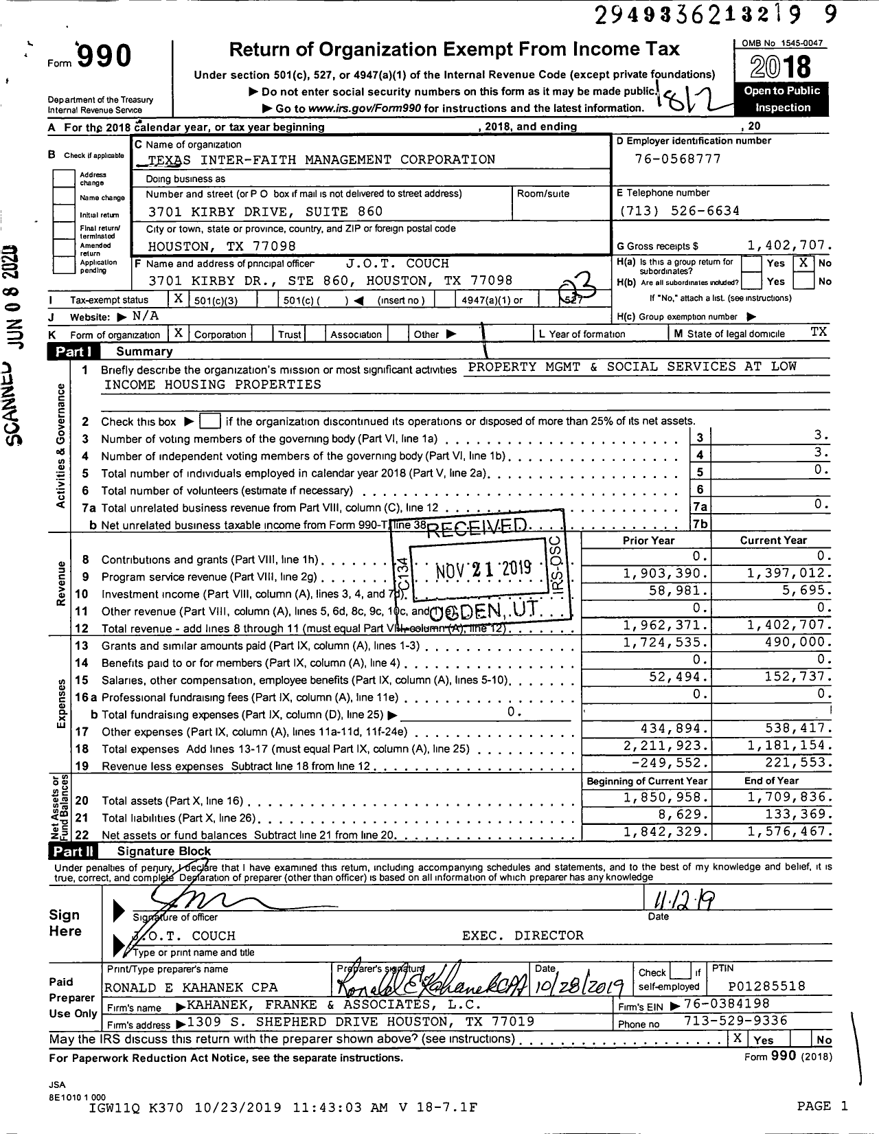 Image of first page of 2018 Form 990 for Texas Inter Faith Management Corporation