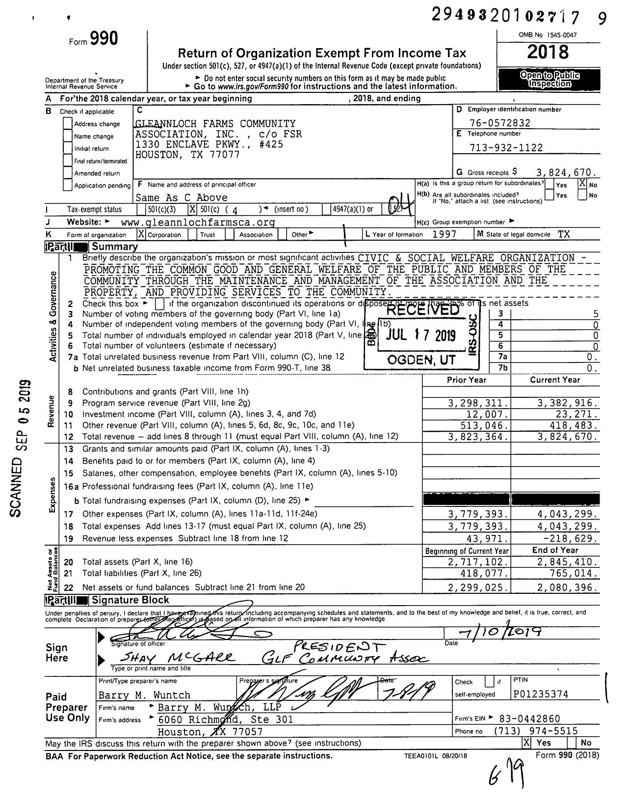 Image of first page of 2018 Form 990O for Gleannloch Farms Community Association