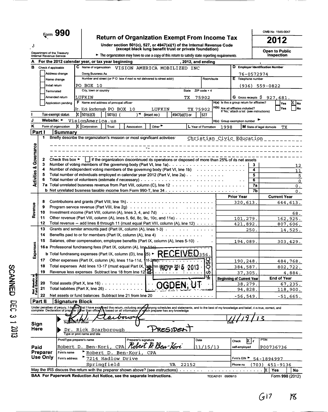 Image of first page of 2012 Form 990 for Vision America Mobilized