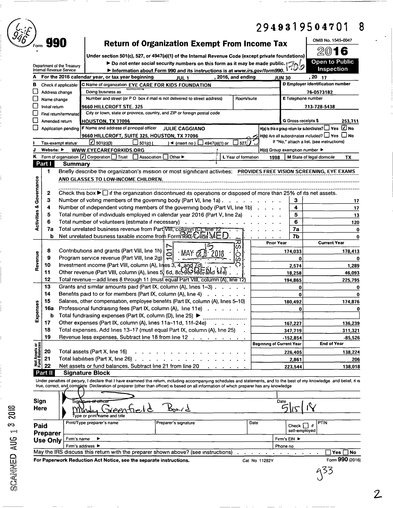 Image of first page of 2016 Form 990 for Eye Care for Kids Foundation