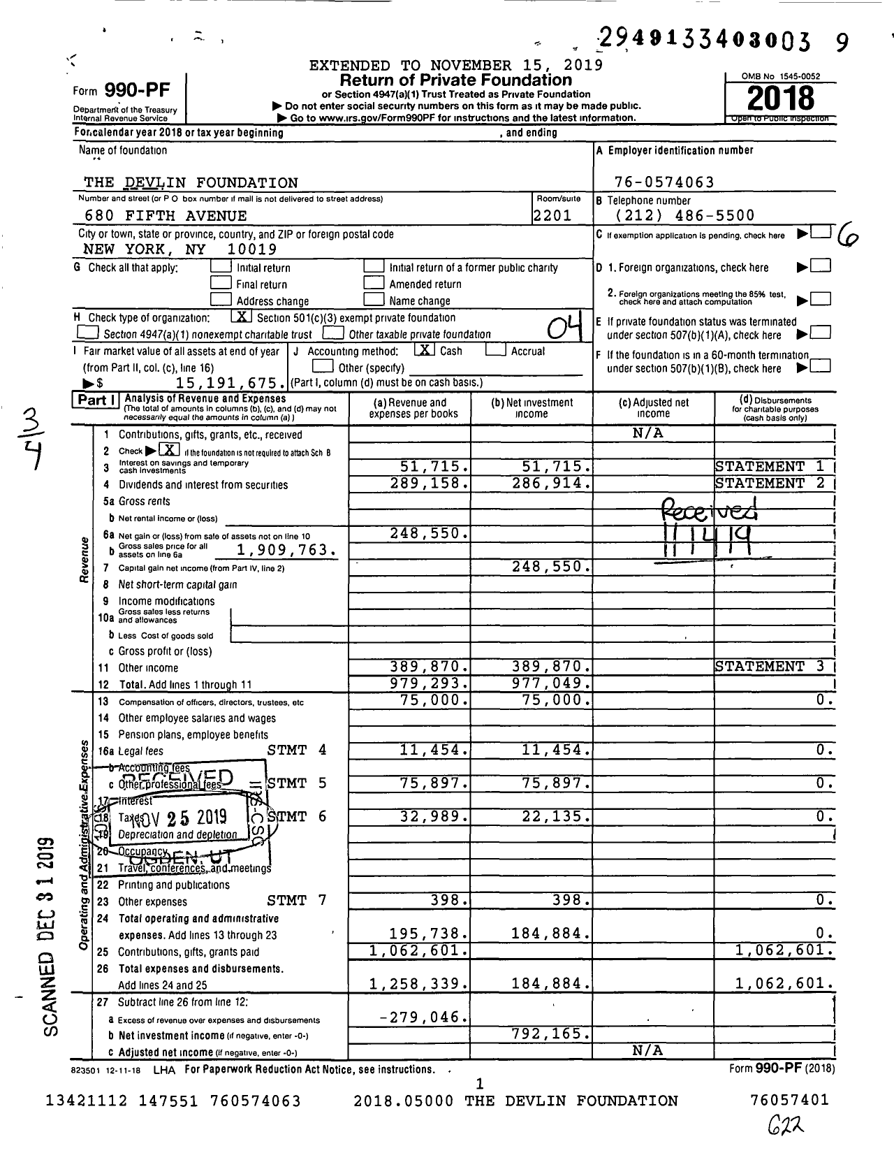 Image of first page of 2018 Form 990PF for The Devlin Foundation