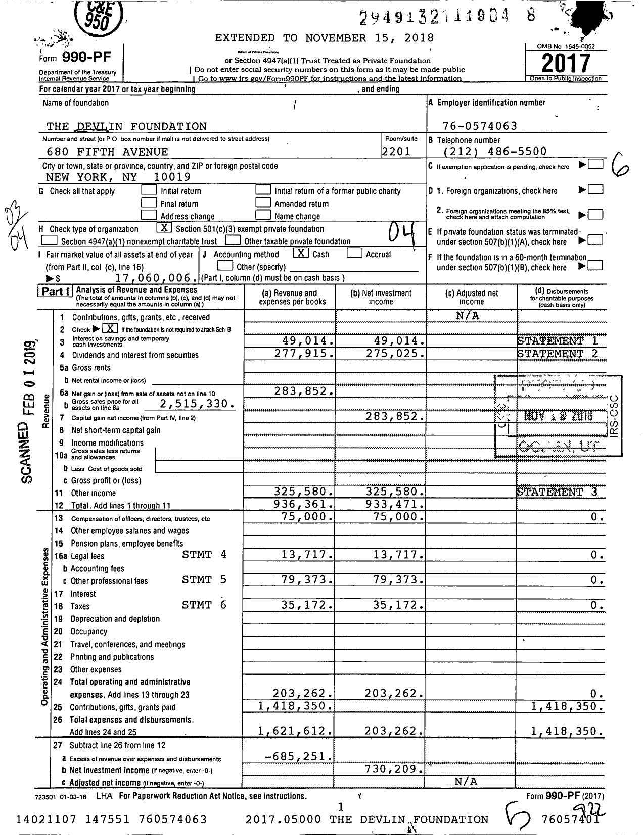 Image of first page of 2017 Form 990PF for The Devlin Foundation