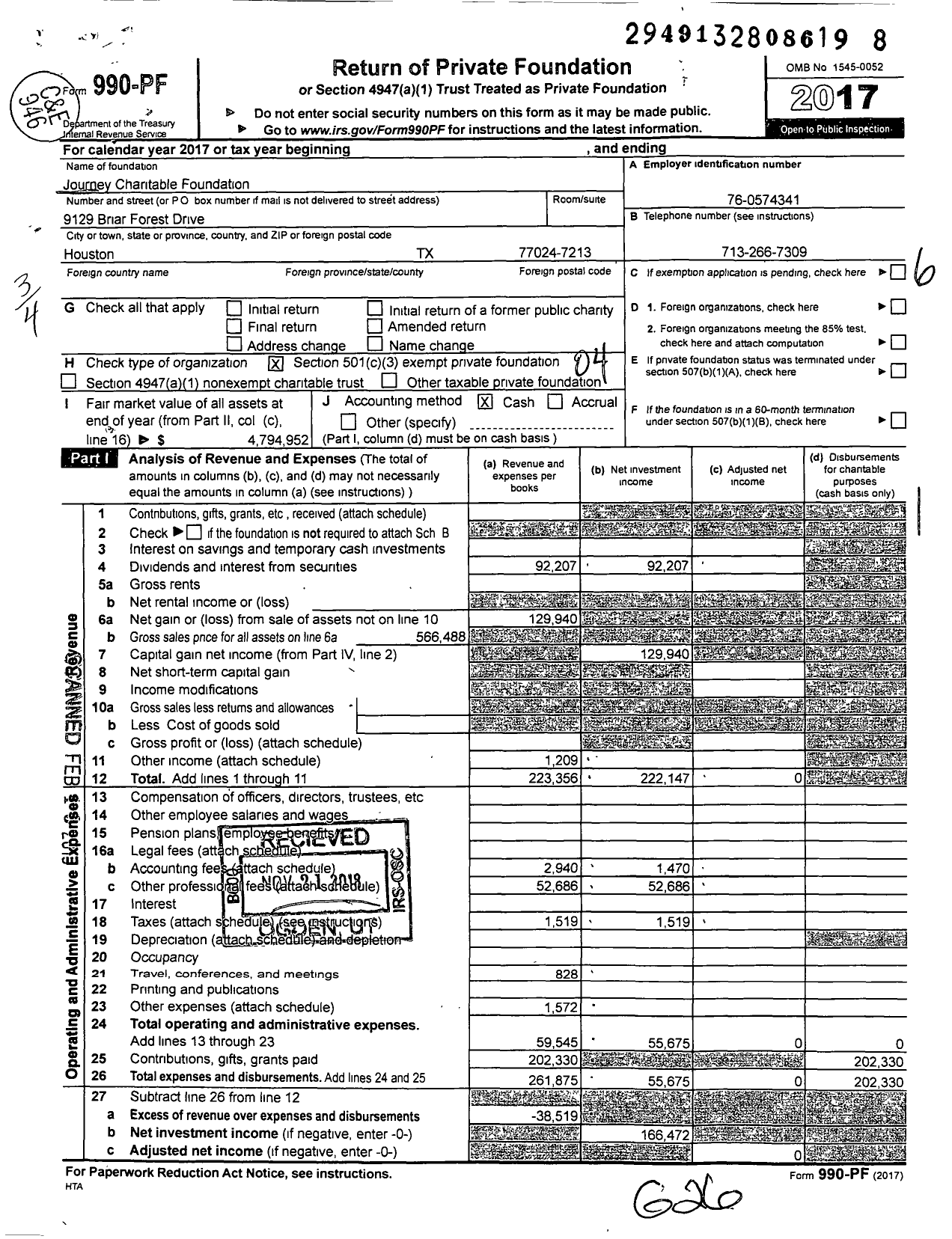 Image of first page of 2017 Form 990PF for Journey Charitable Foundation