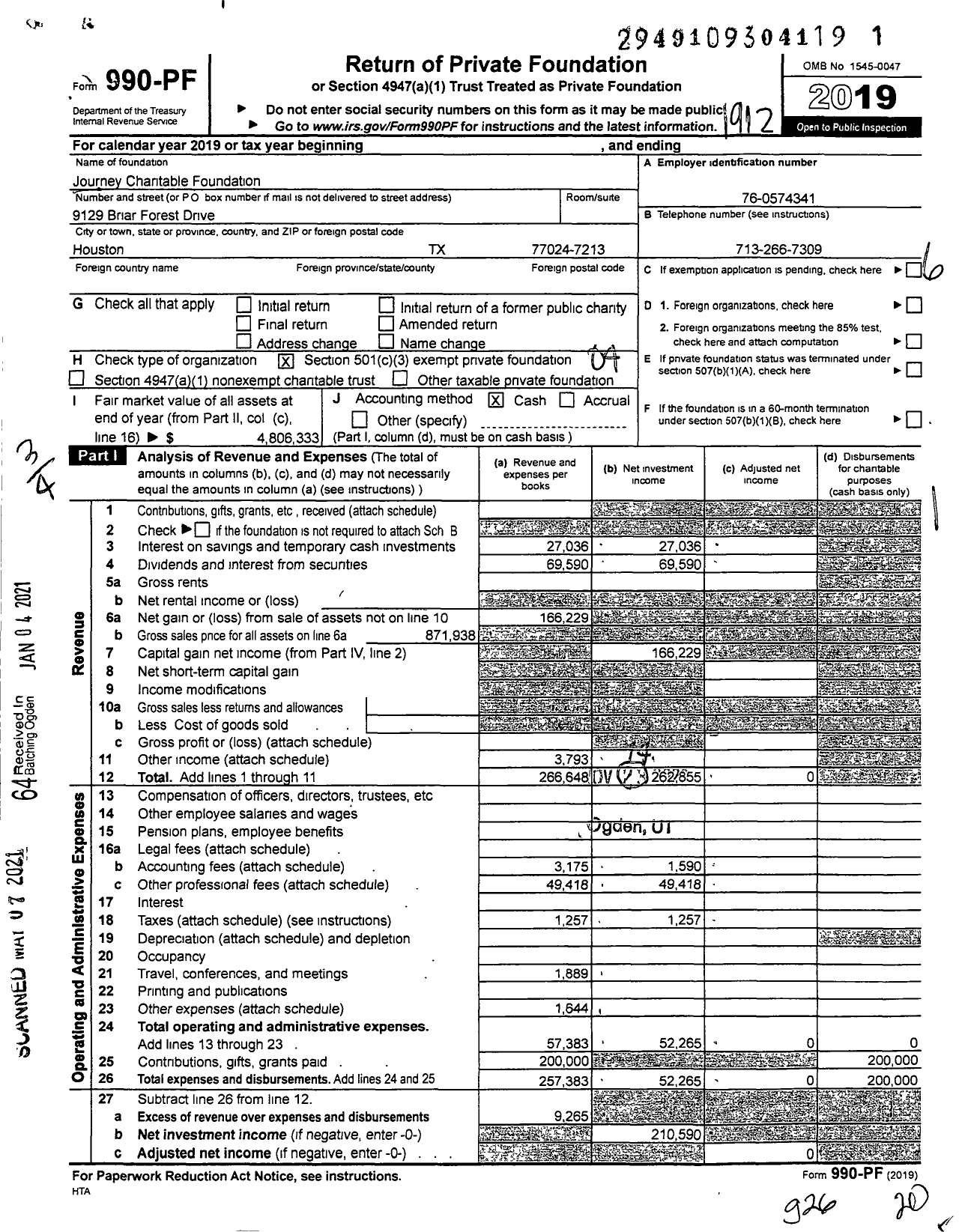 Image of first page of 2019 Form 990PF for Journey Charitable Foundation