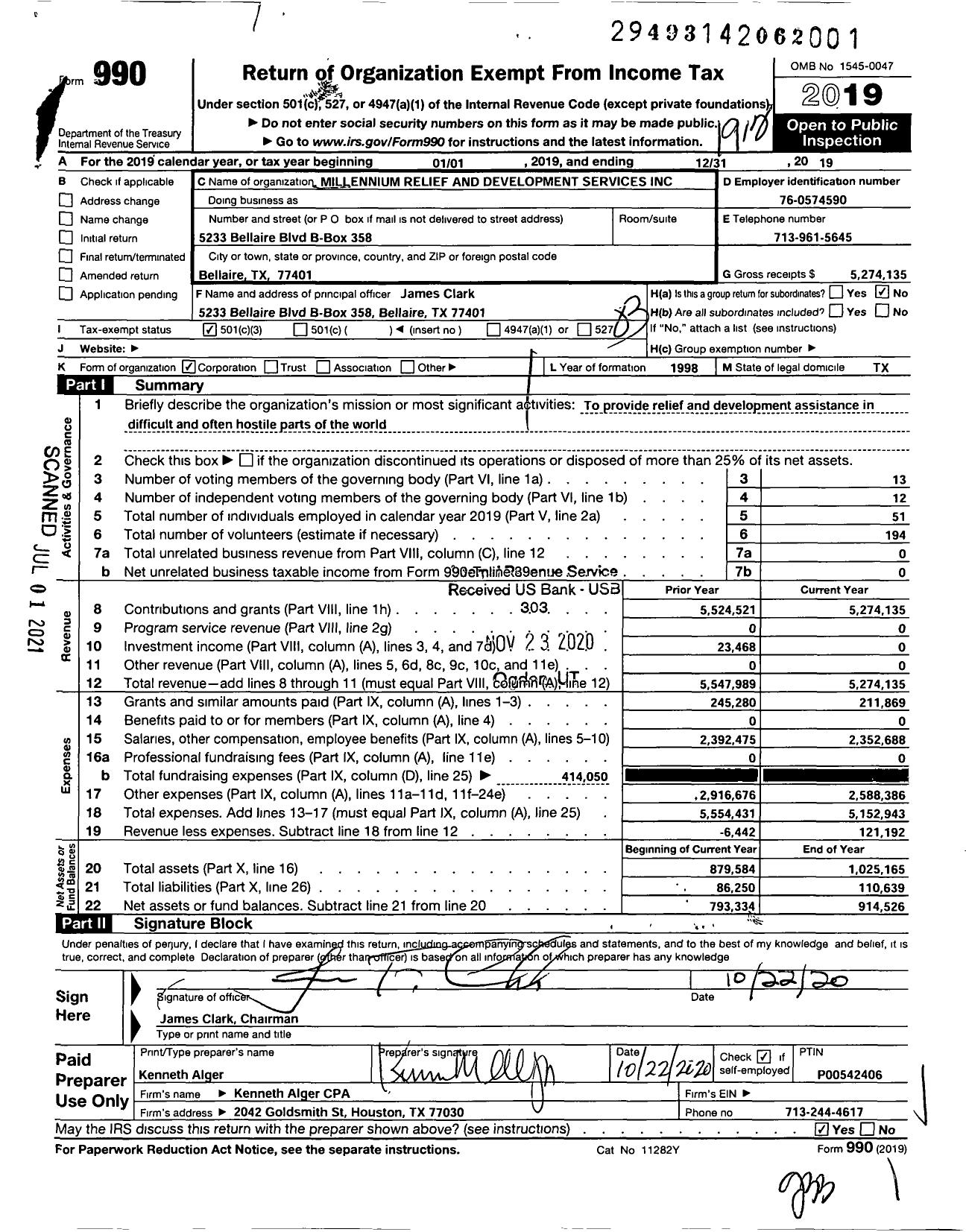 Image of first page of 2019 Form 990 for Millennium Relief and Development Services