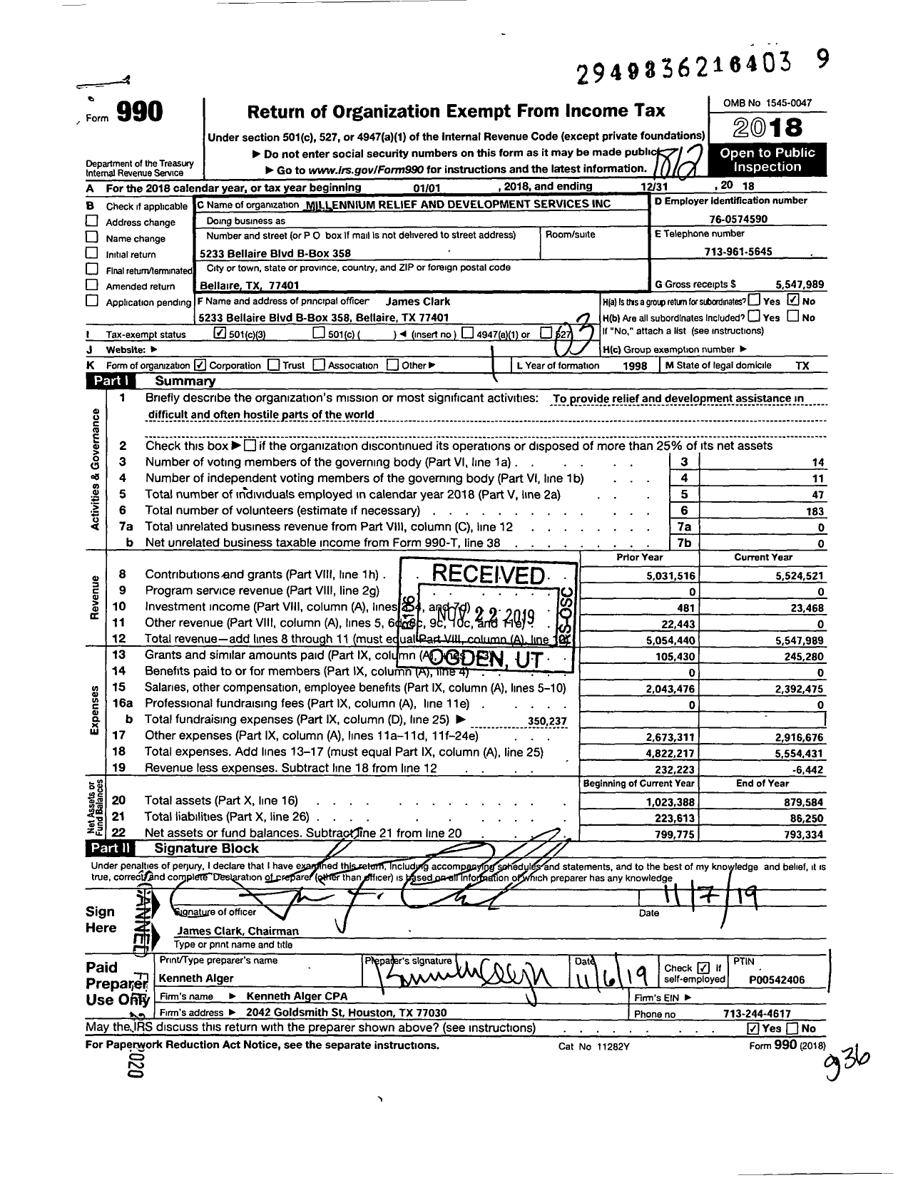 Image of first page of 2018 Form 990 for Millennium Relief and Development Services