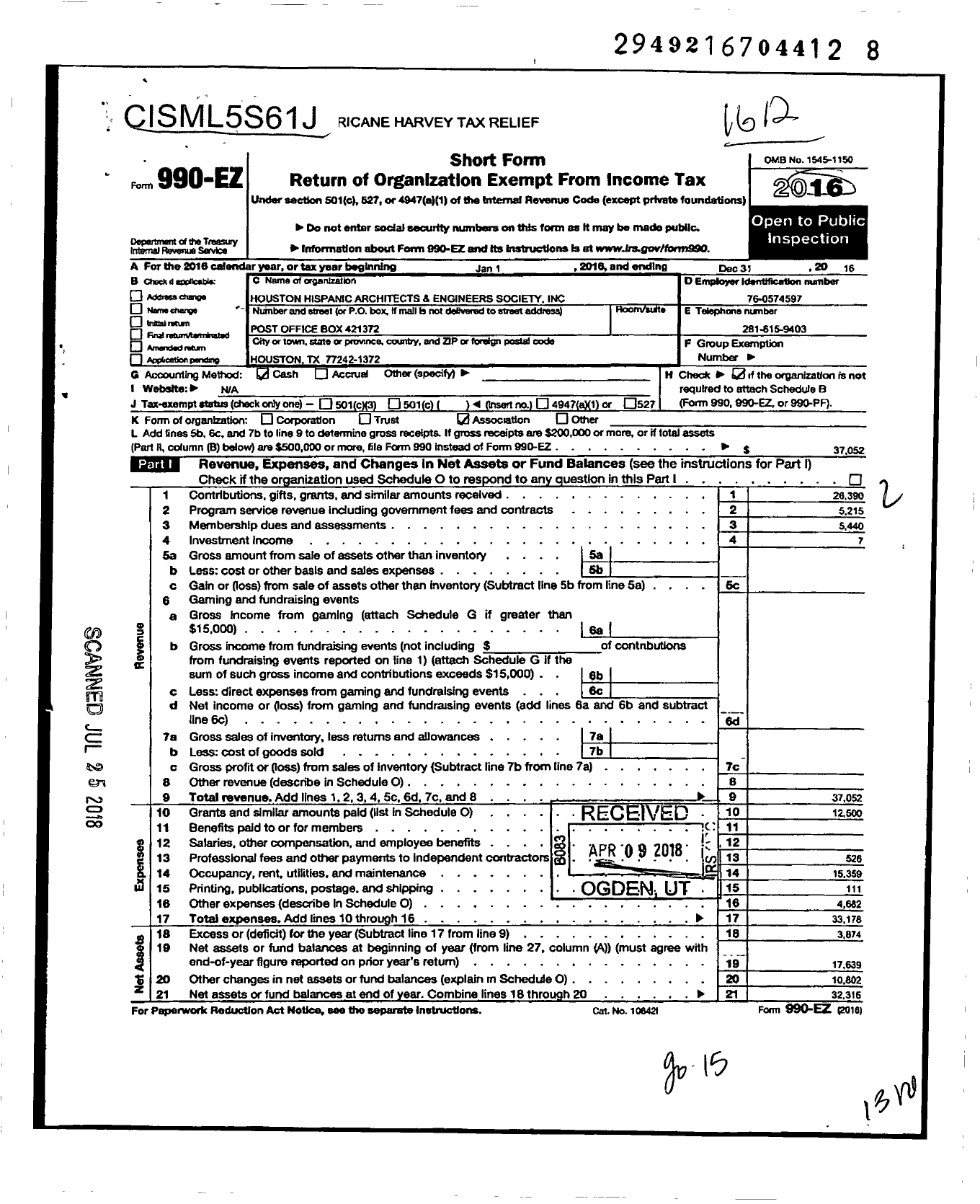 Image of first page of 2016 Form 990EO for Houston Hispanic Architects and Engineers Society