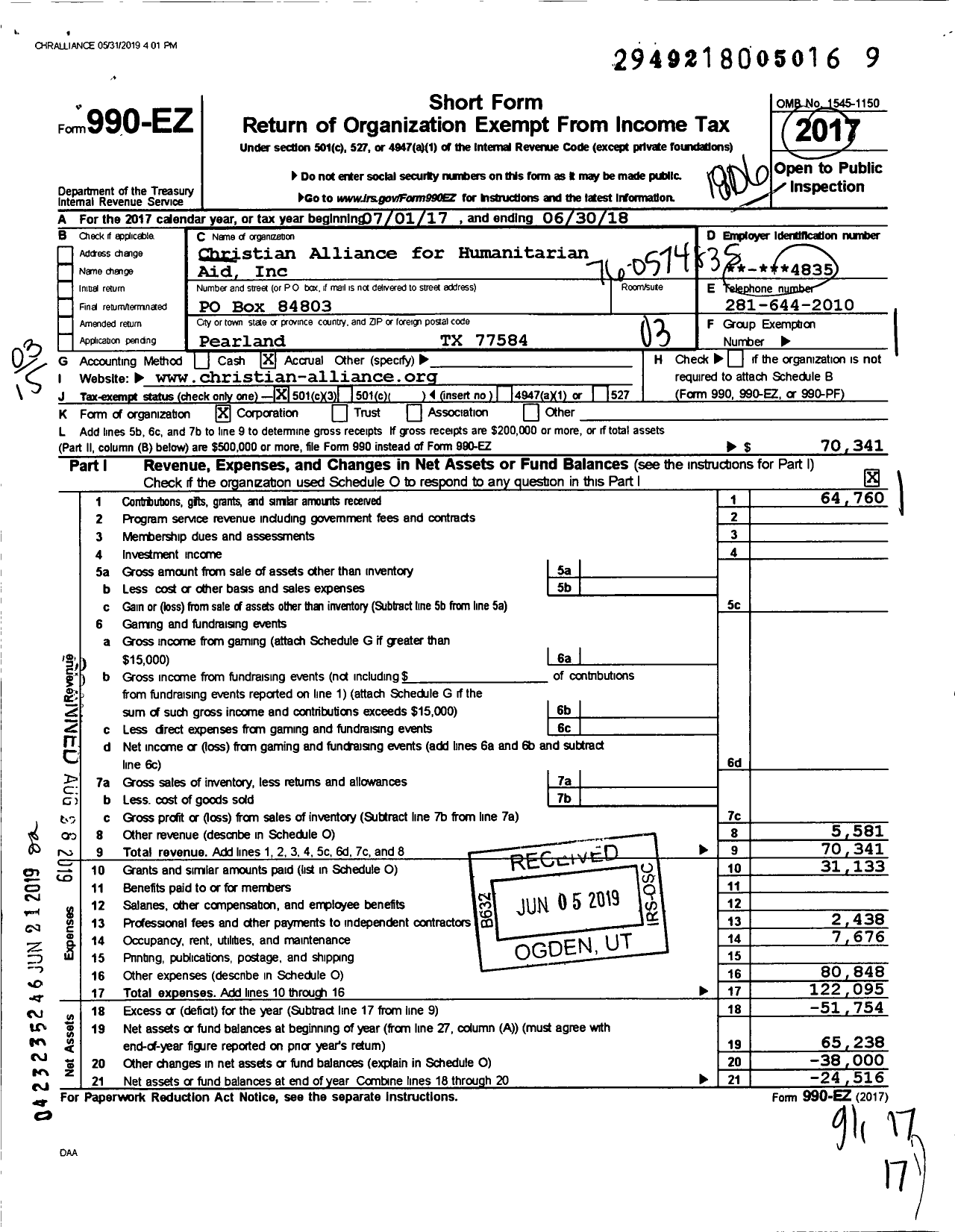 Image of first page of 2017 Form 990EZ for Christian Alliance for Humanitarian Aid