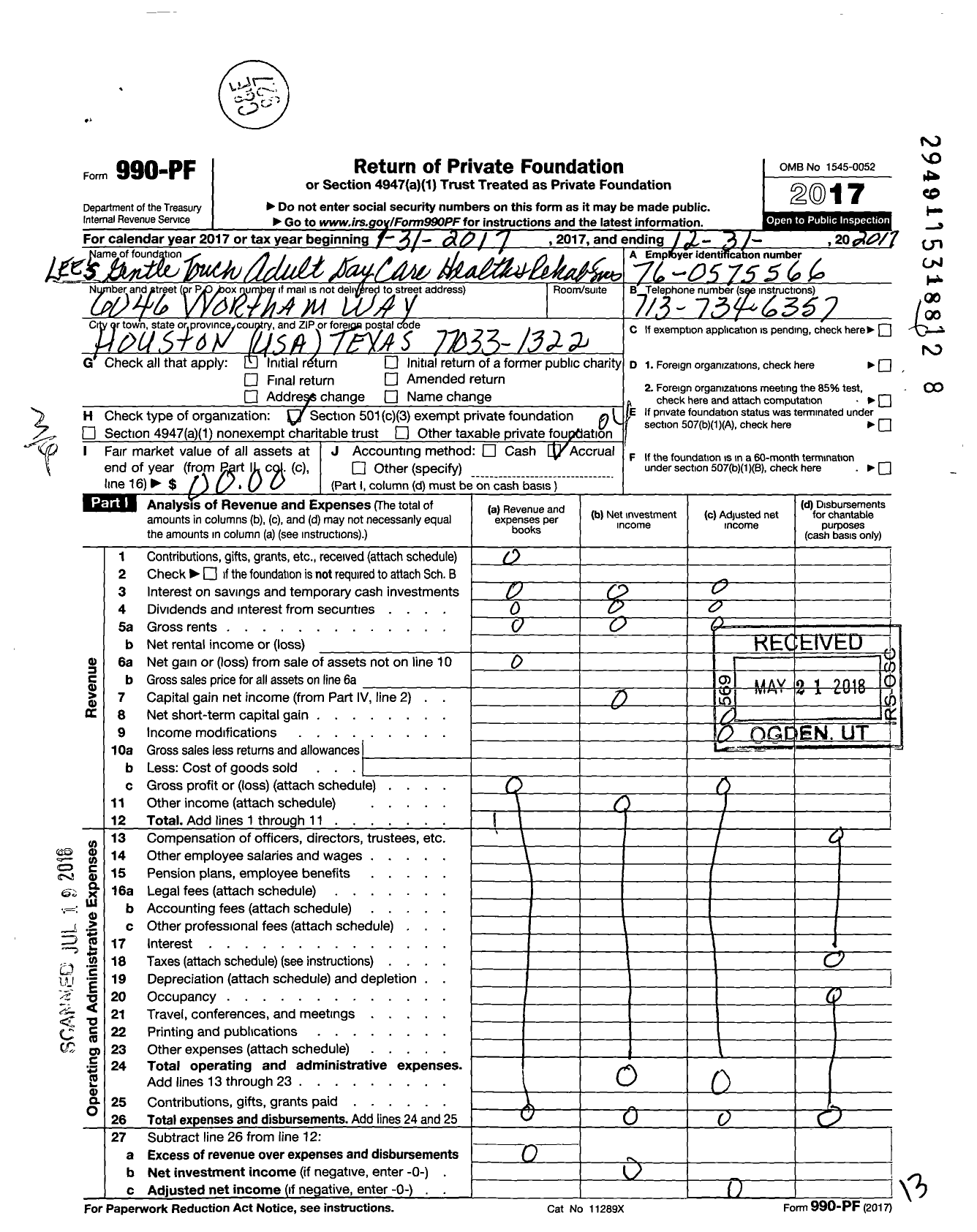 Image of first page of 2017 Form 990PF for Lees Gentile Touch Adult Daycare